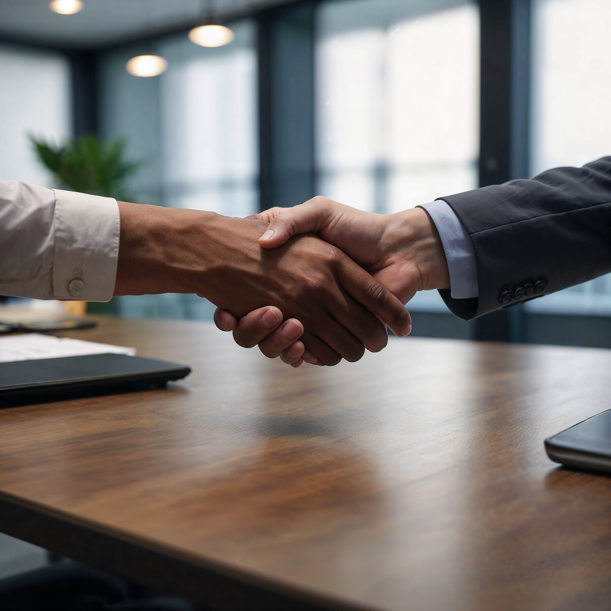 Two hands shaking in a serene office, representing harmony and collaboration through mindful communication.