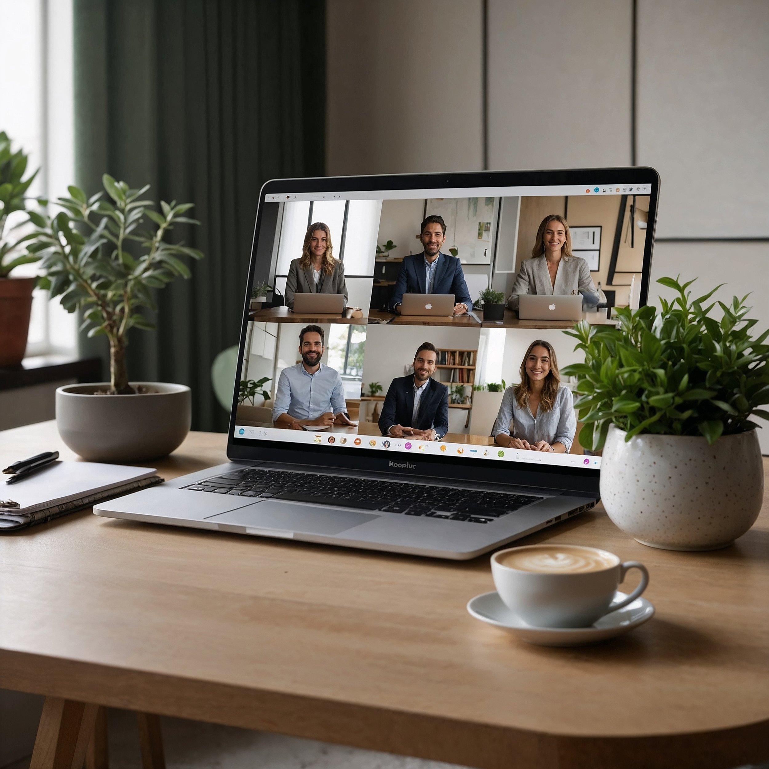 A serene virtual meeting setup with a laptop showing an organized video call, a clear agenda on-screen, and calming elements like a cup of tea and a plant, symbolizing mindful leadership and clarity.