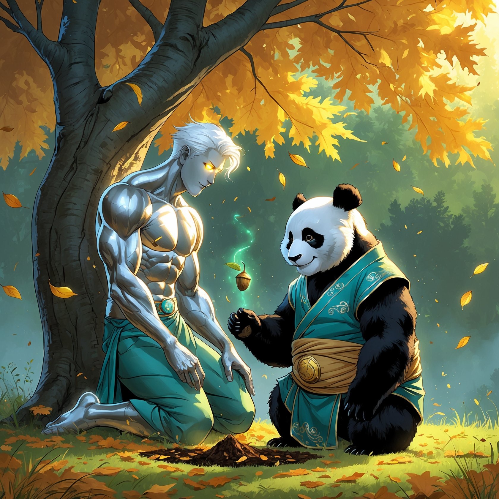 Sageon and Stao Panda planting an acorn beneath a golden autumn tree, symbolizing patience, wisdom, and the natural cycles of Daesys in Staoicism.
