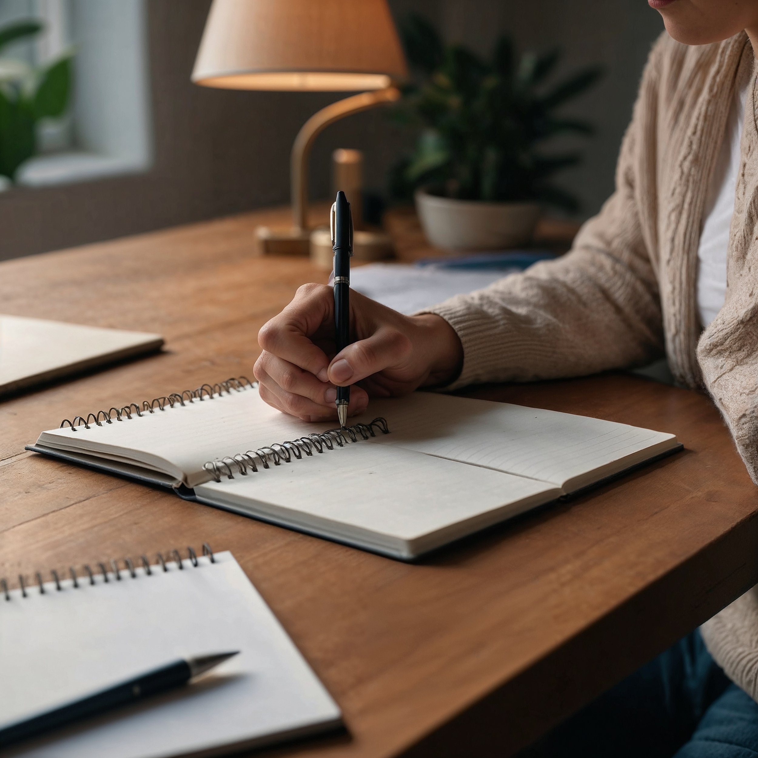 A person writing in a notebook at a calm, uncluttered desk, illustrating the power of single-task focus and mindfulness.