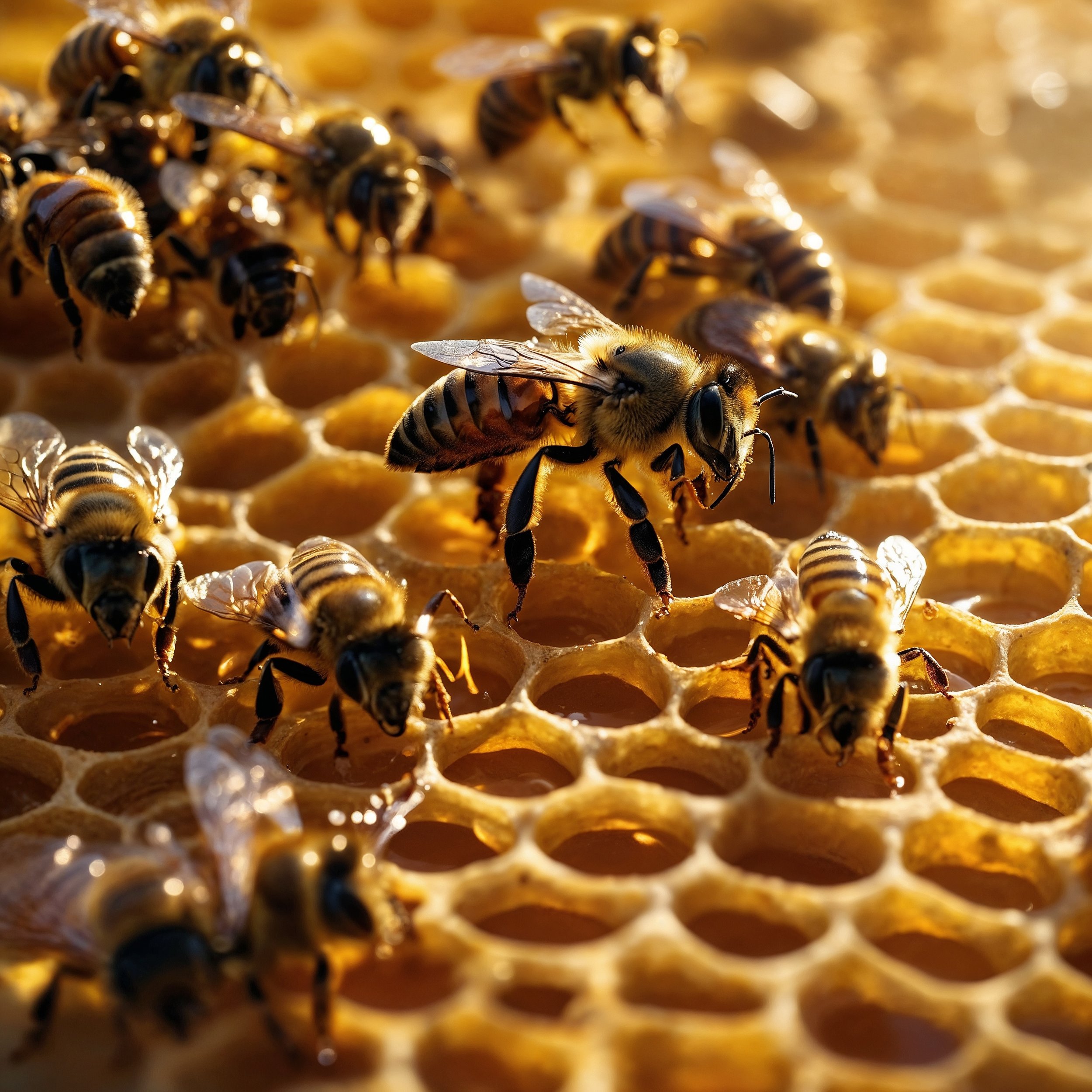 A serene beehive glowing with warm golden light, symbolizing interconnected harmony and fairness in relationships, reflecting Staoic values from Liaphora.