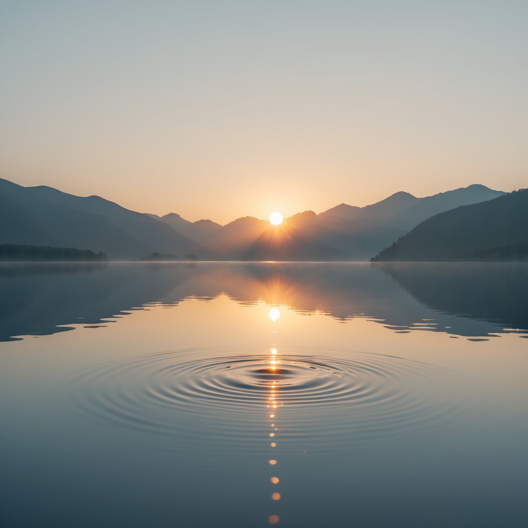 A serene sunrise over a still lake, with ripples gently expanding outward. Symbolizing clarity, mindfulness, and the essence of living in the present moment, reflecting Staoicist principles.
