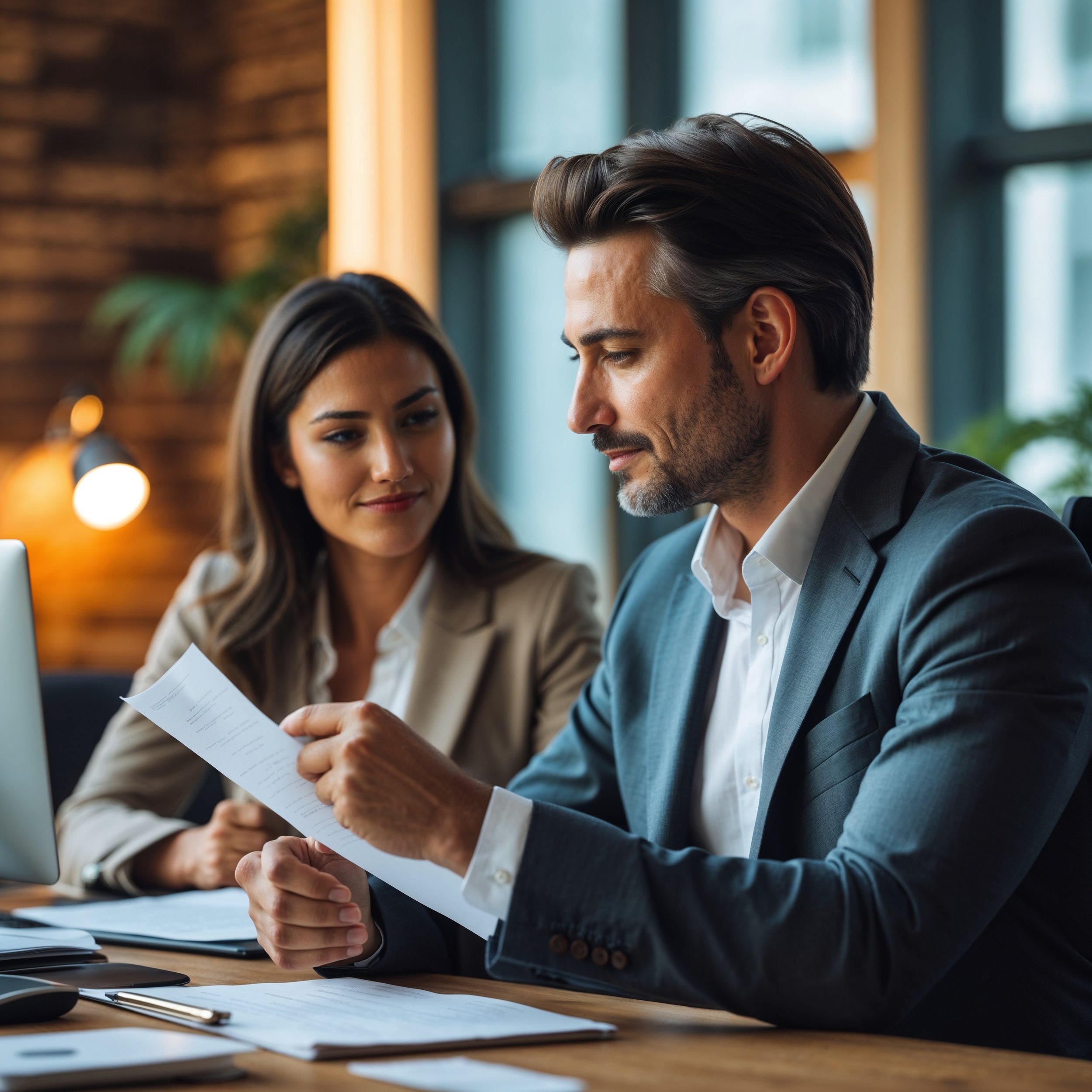 A manager attentively reviewing notes before giving feedback in a performance review, symbolizing the Value Check Pause for fair and constructive communication.