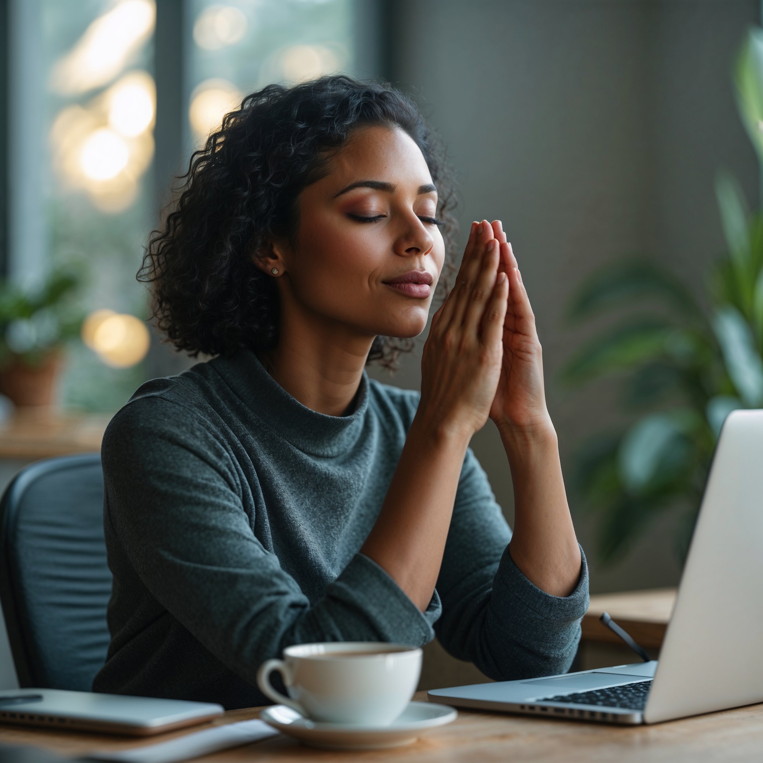 A person pausing at their desk, taking a slow breath with eyes closed, symbolizing a mindful moment to reset and regain presence.