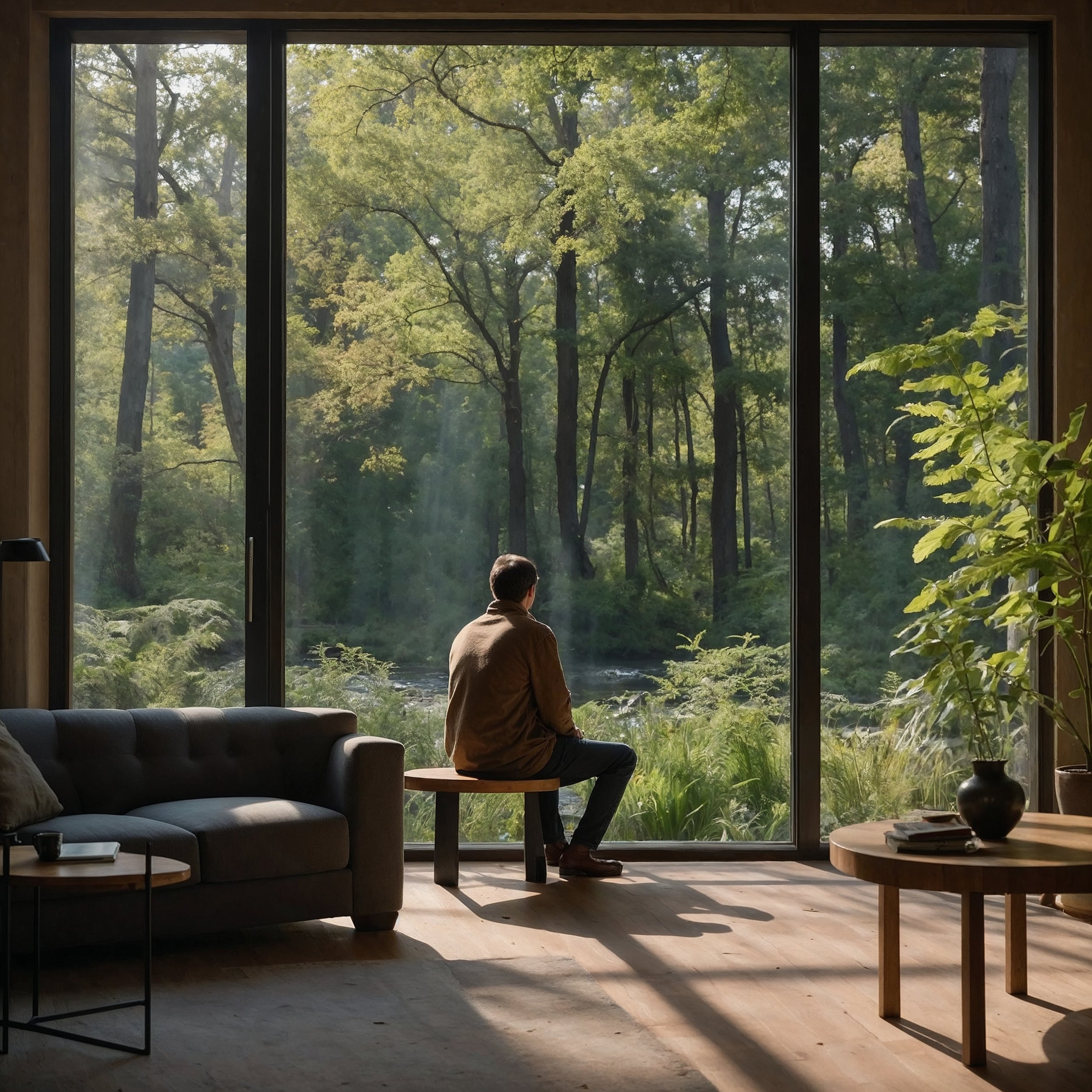 A person sitting quietly by a window, observing the shifting light and movements of the world, symbolizing mindfulness through silent observation.