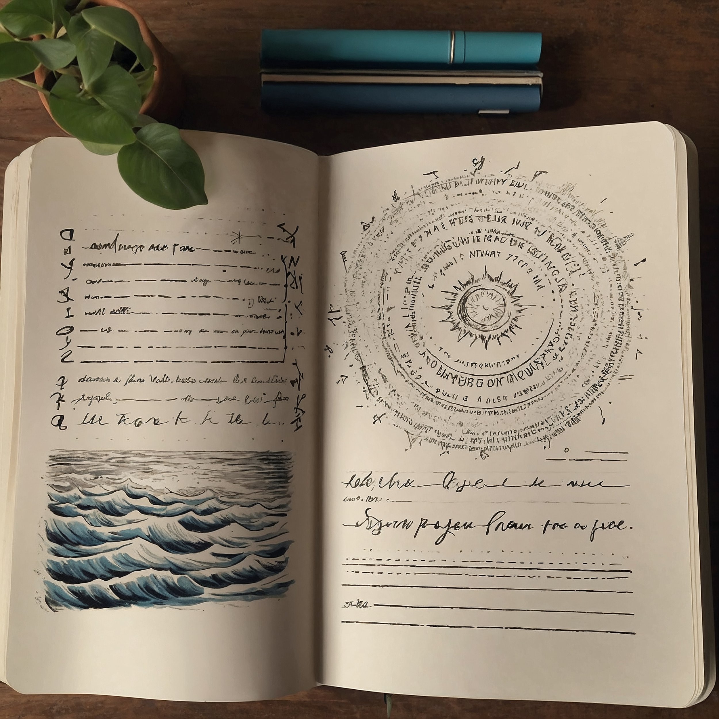 An open journal with sketched symbols for emotions like stress, ease, and flow, surrounded by calming natural elements like leaves and a serene river, representing emotional mapping and alignment.