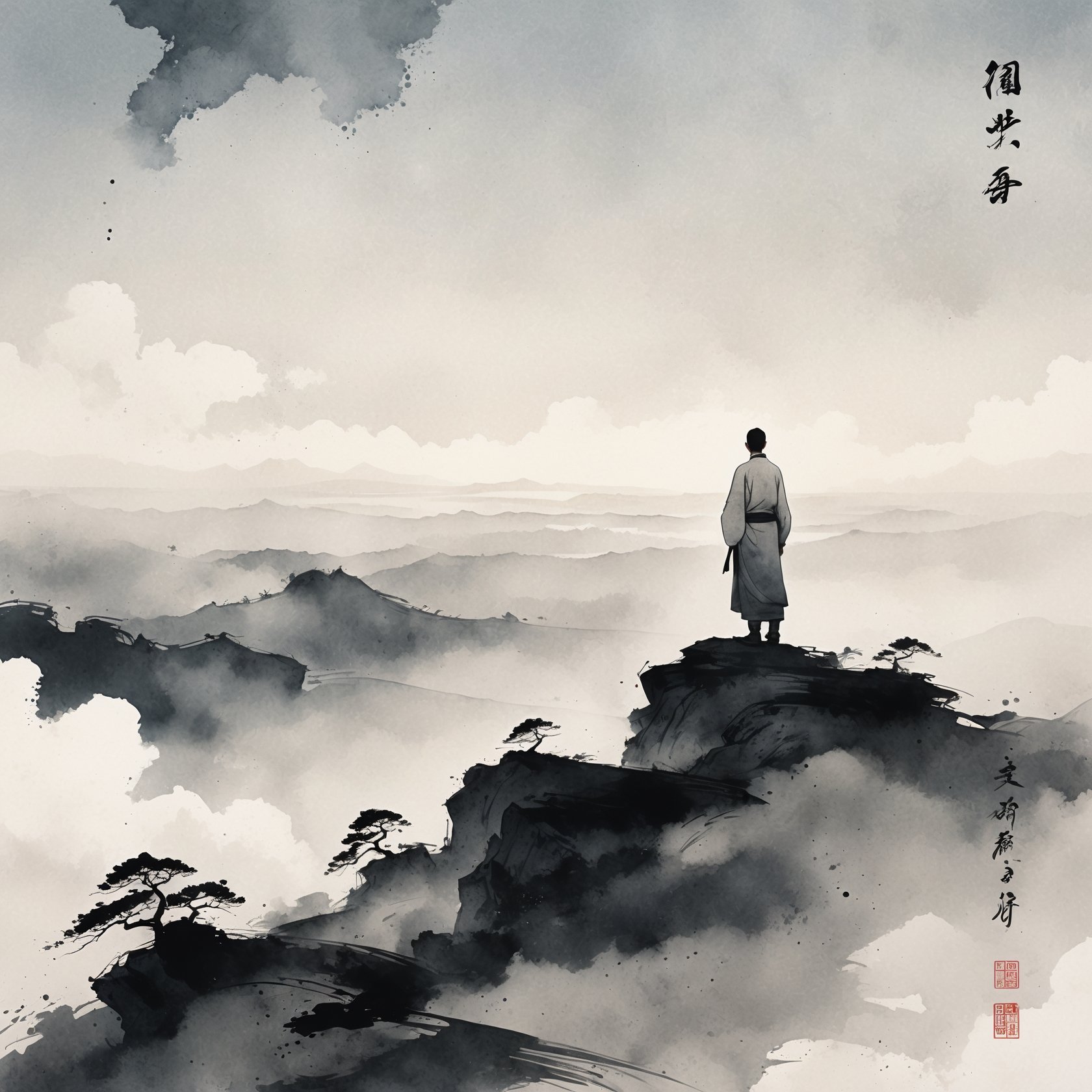 An ink-style painting of a sage standing on a mountaintop, gazing at the open sky. Symbolizing clarity, stillness, and the release of overthinking in alignment with Taoist wisdom.
