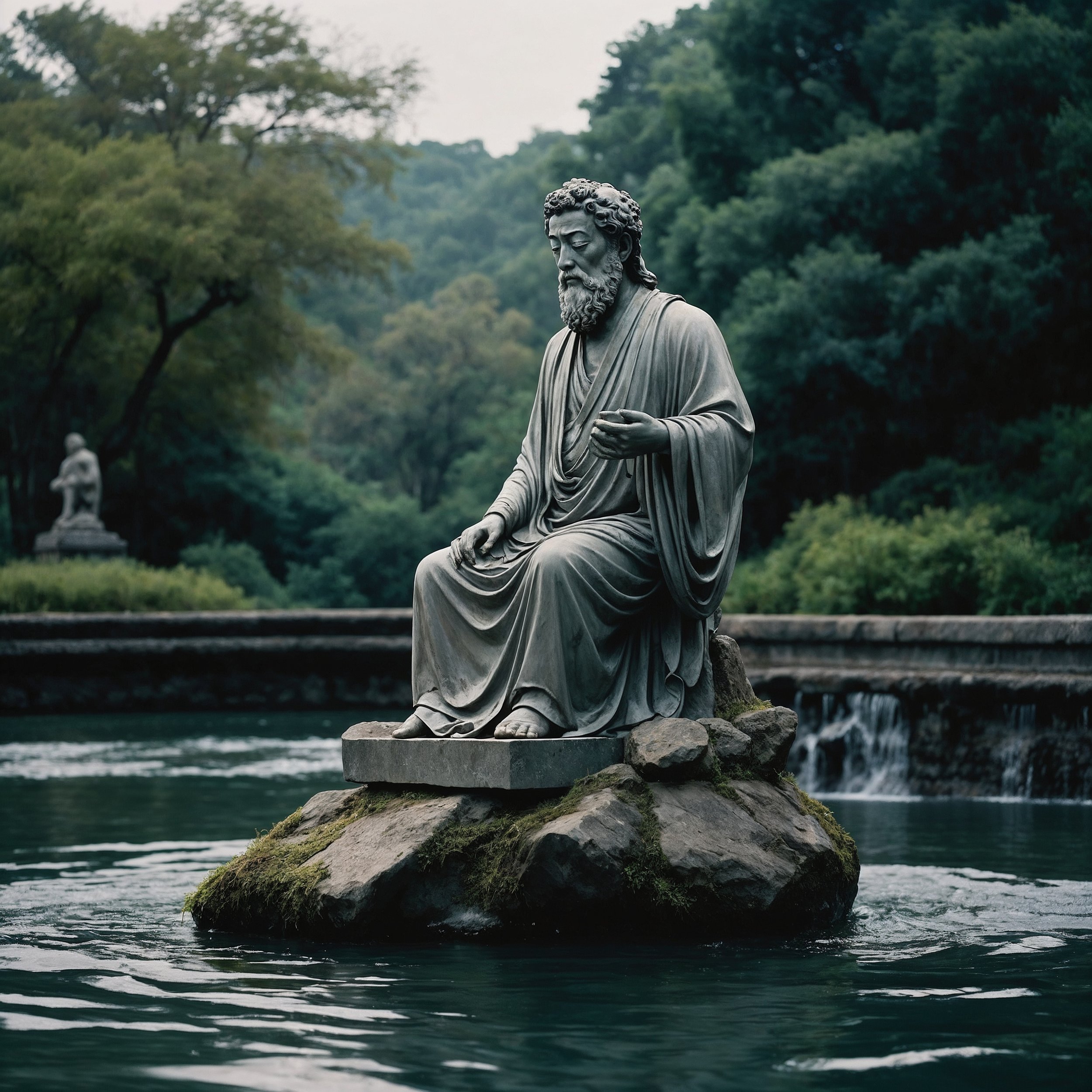 Marcus Aurelius statue in meditation on a rock in a tranquil pond, blending Stoic wisdom and Taoist harmony with serene garden surroundings.
