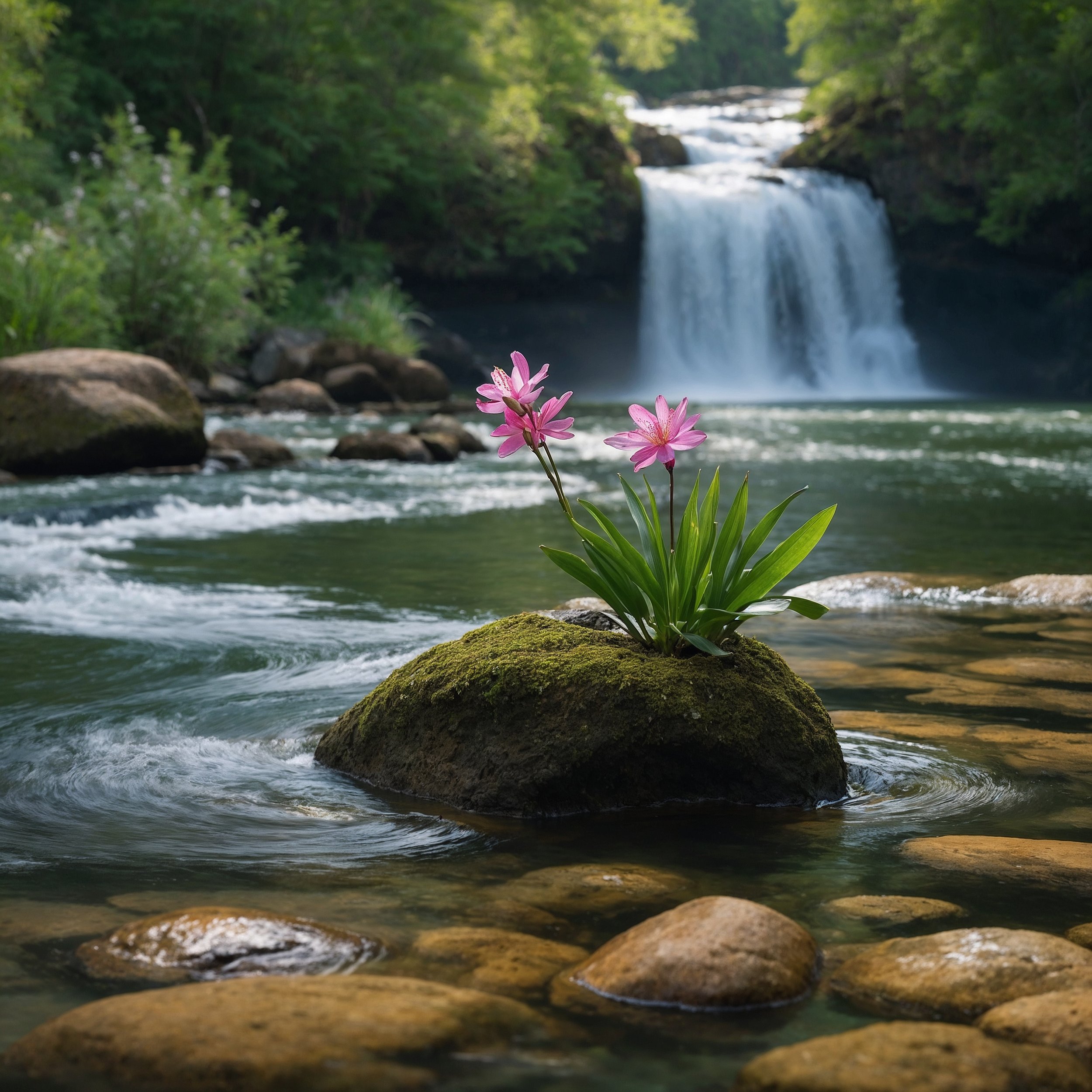 A tranquil natural scene with a river flowing over smooth rocks, a bird in mid-flight, and a blooming flower, symbolizing nature’s effortless balance and adaptability.