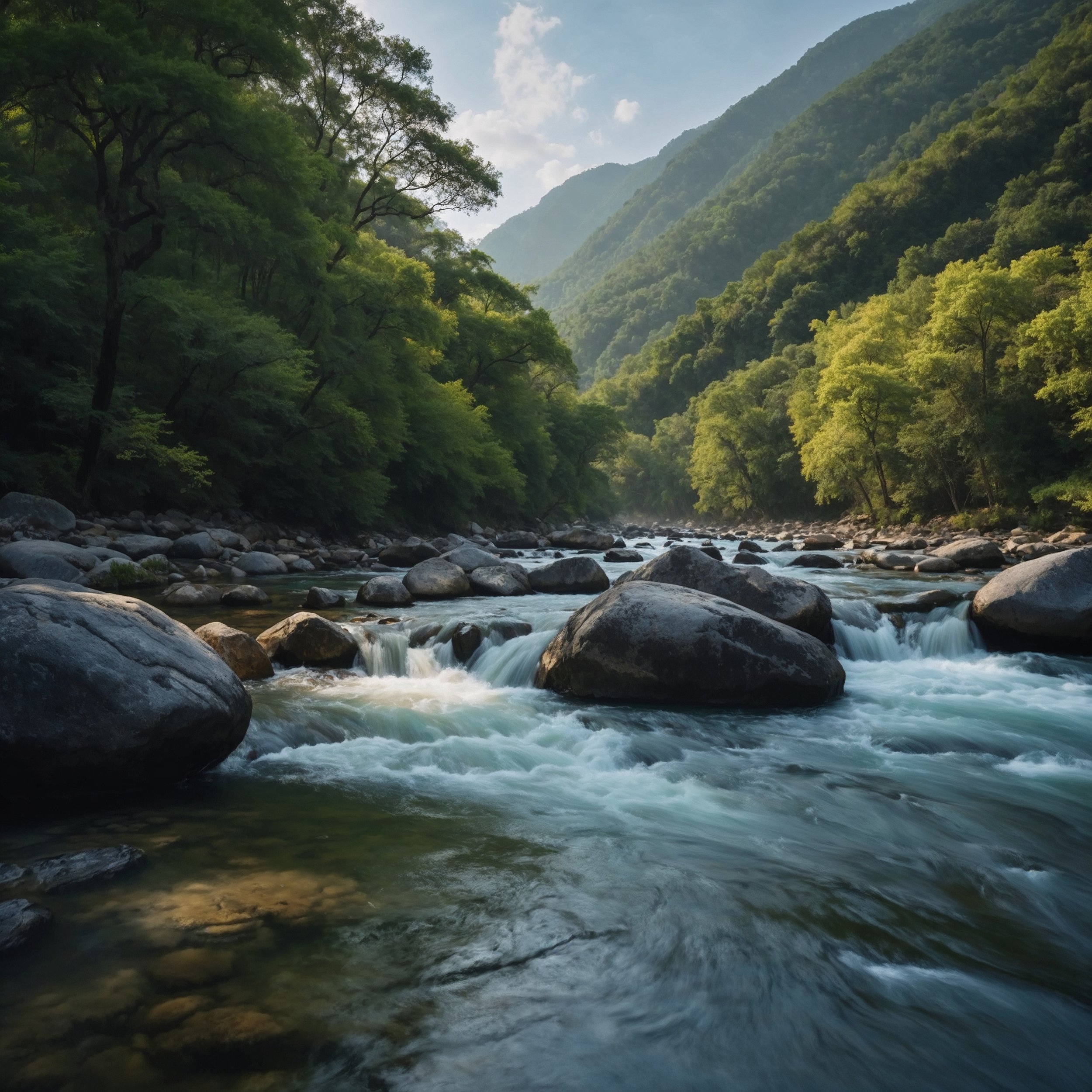 A serene river flowing around rocks, symbolizing Taoist harmony, effortless adaptation, and the natural rhythms of Daesys in Staoicism.
