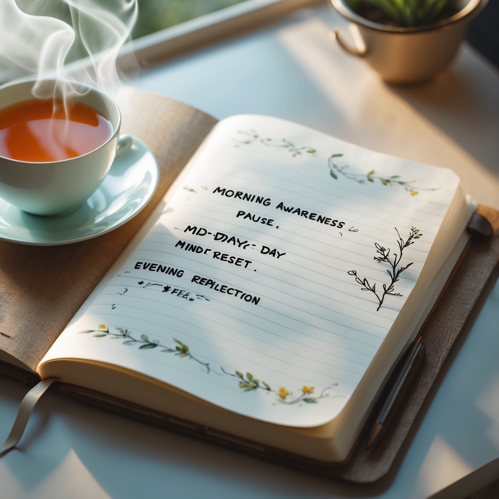An open journal with mindfulness prompts for morning, midday, and evening, symbolizing small daily practices to cultivate presence and awareness.