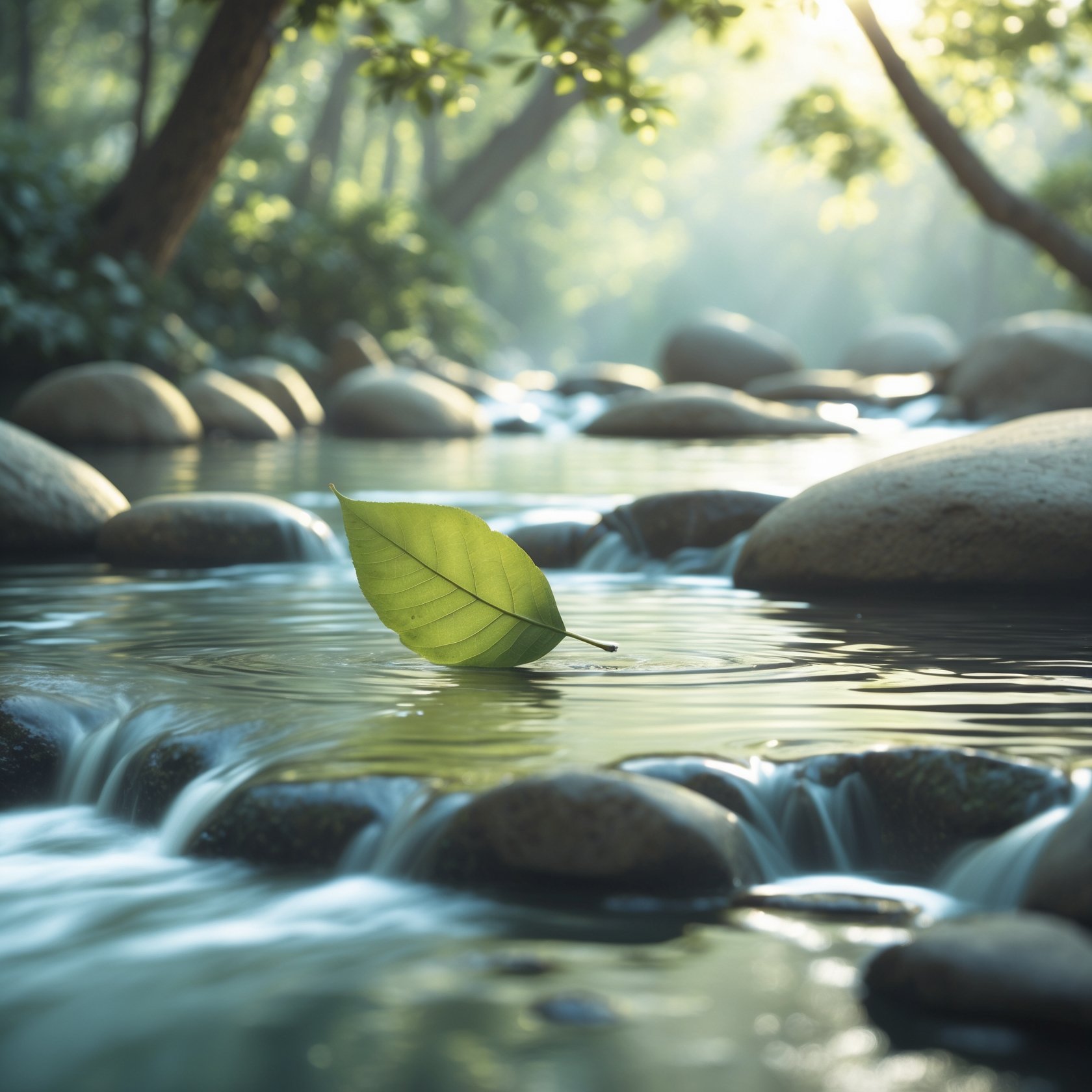 A serene green leaf floating effortlessly on a tranquil stream, surrounded by smooth stones and soft sunlight. This image symbolizes harmony, balance, and the Staoicist principle of effortless action through alignment with nature.