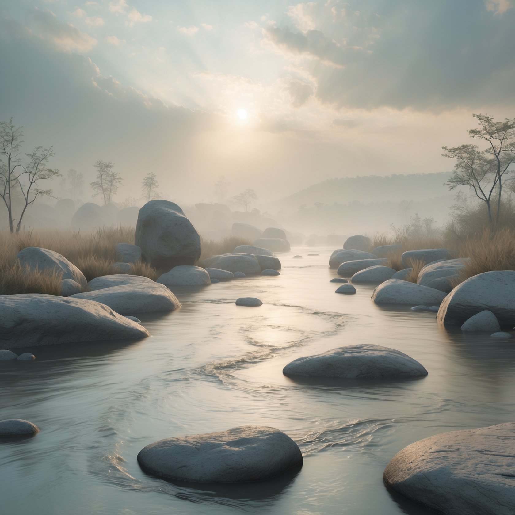 A calm river flowing around rocks at sunrise, symbolizing balance, courage, and adaptability, reflecting Staoicism Pillar Zenetheia