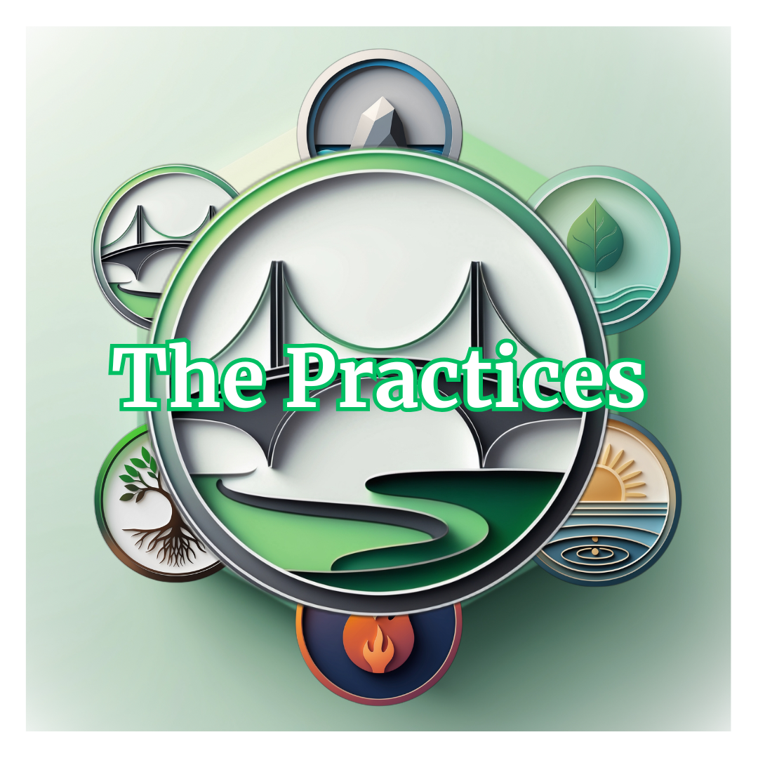 Illustration of ‘The Practices’ symbolizing Liaphora, the Staoicist path of relational harmony, with bridge imagery and elemental icons for balance and connection.