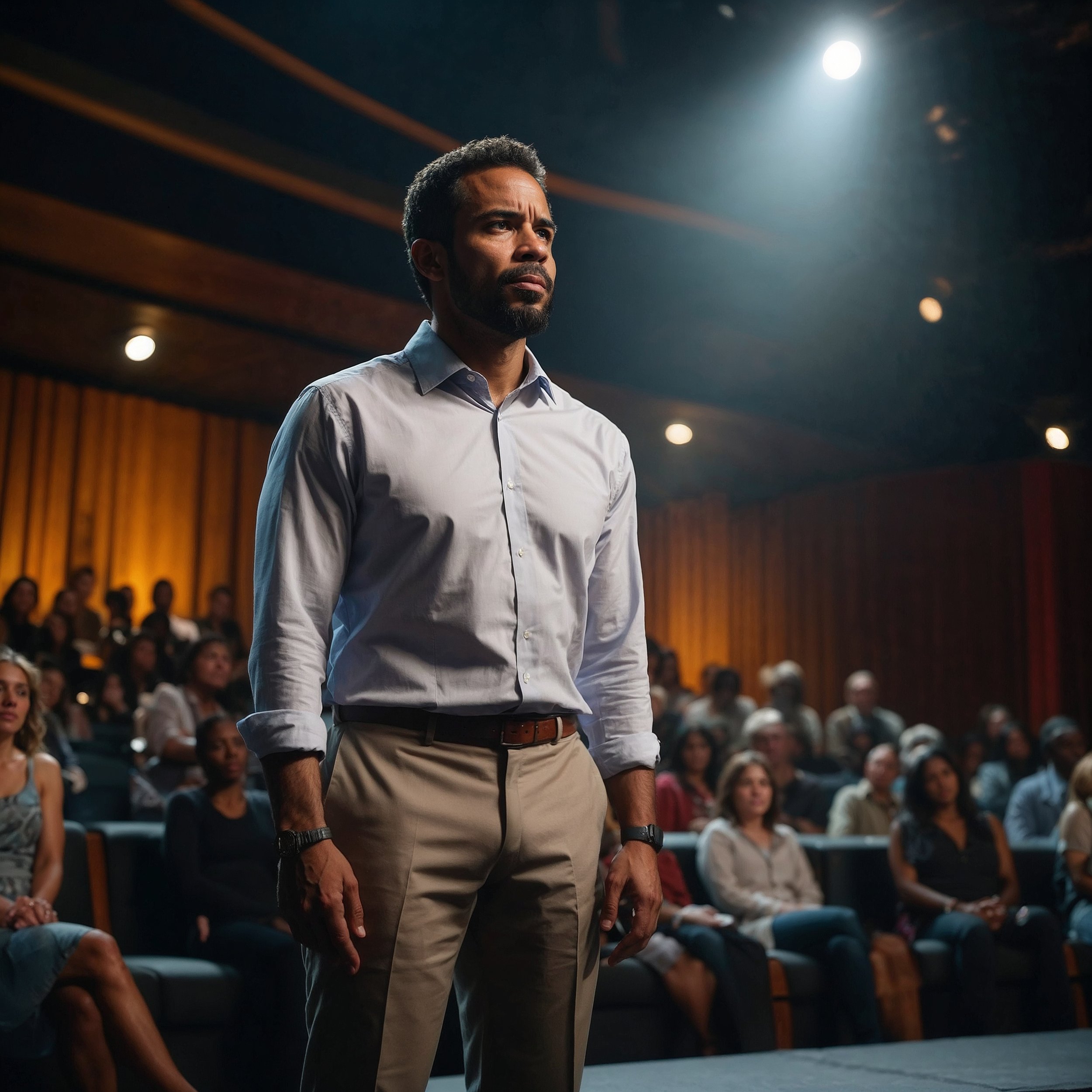 A confident speaker taking a deep breath before addressing an audience, symbolizing presence and clarity in public speaking.