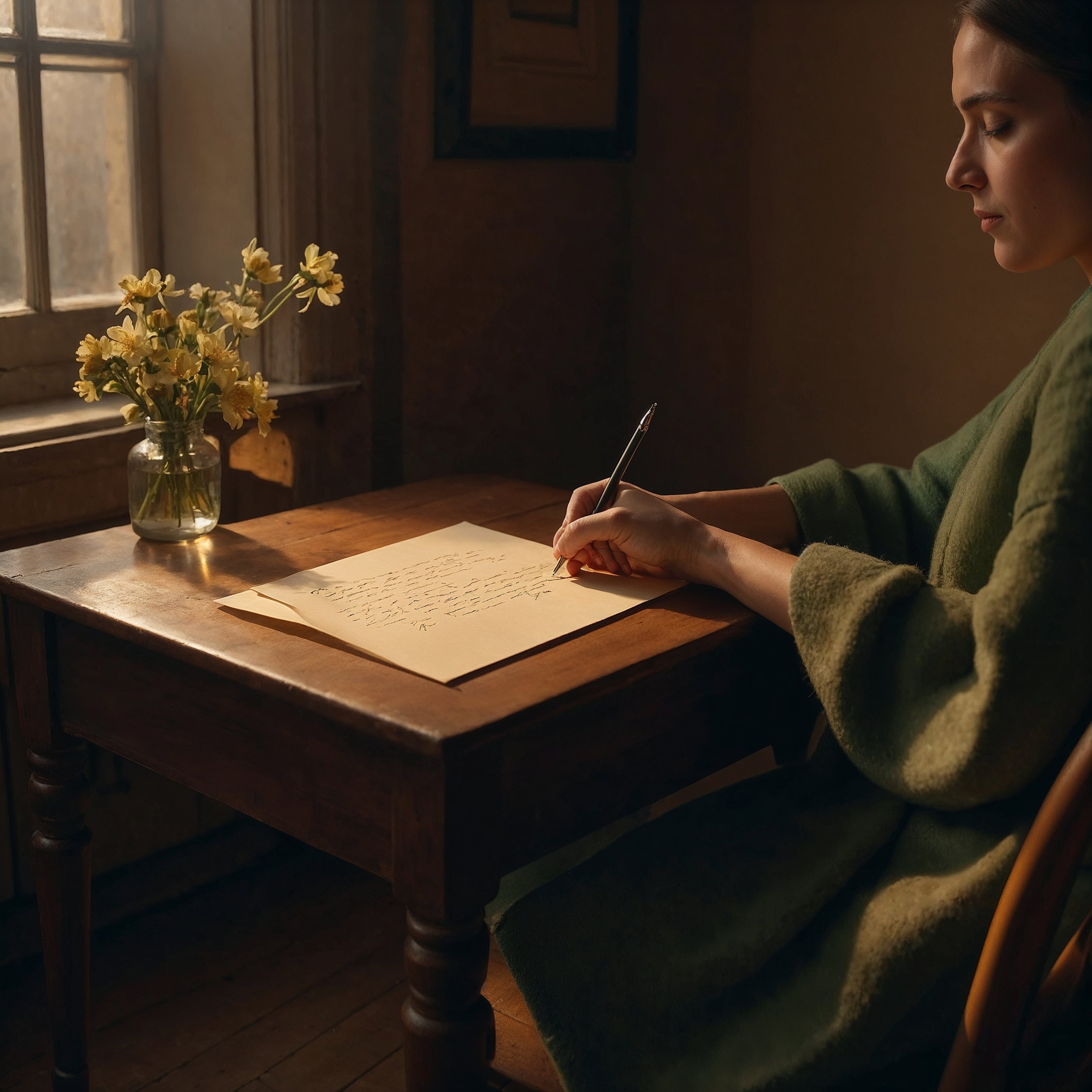 A quiet moment of writing an unsent gratitude letter, symbolizing the Staoicist practice of honoring unseen relational impact through reflection.