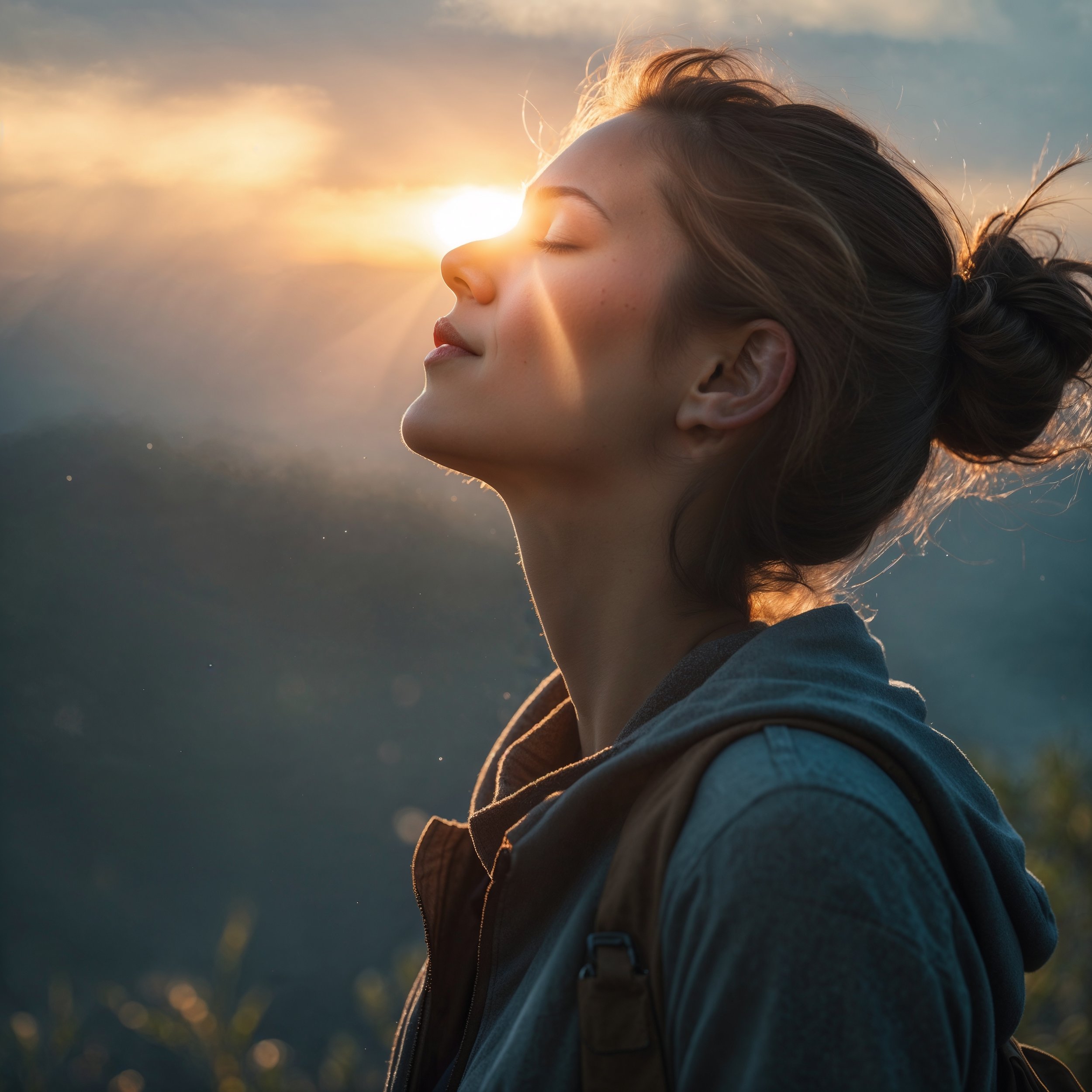 A person pausing outside, breathing deeply in natural light, embodying Daesys' practice of tuning into life’s cycles for balance and renewal.