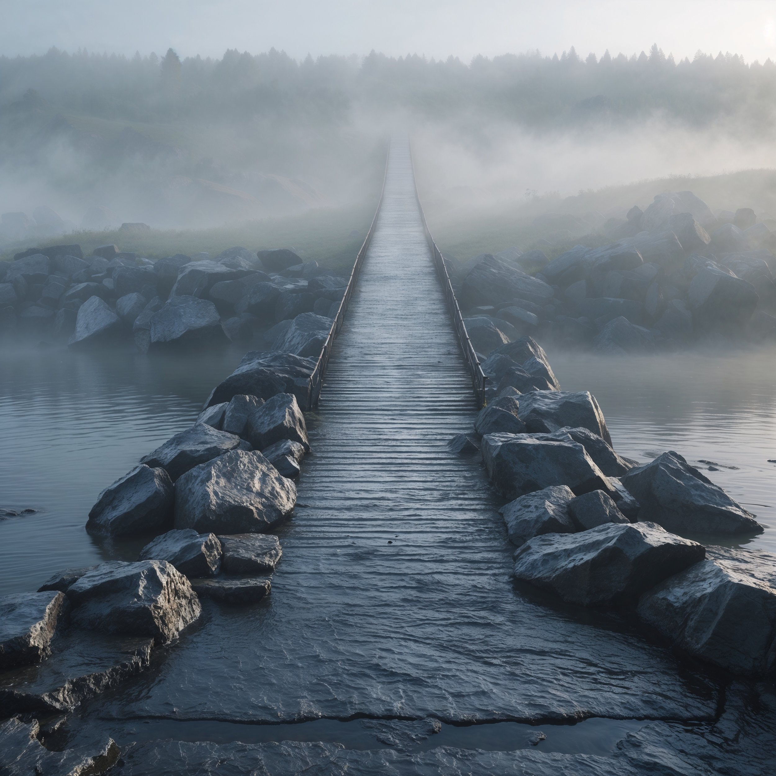 A misty bridge symbolizing the path from control to connection, embodying Zenetheia’s wisdom of acceptance in relationships.