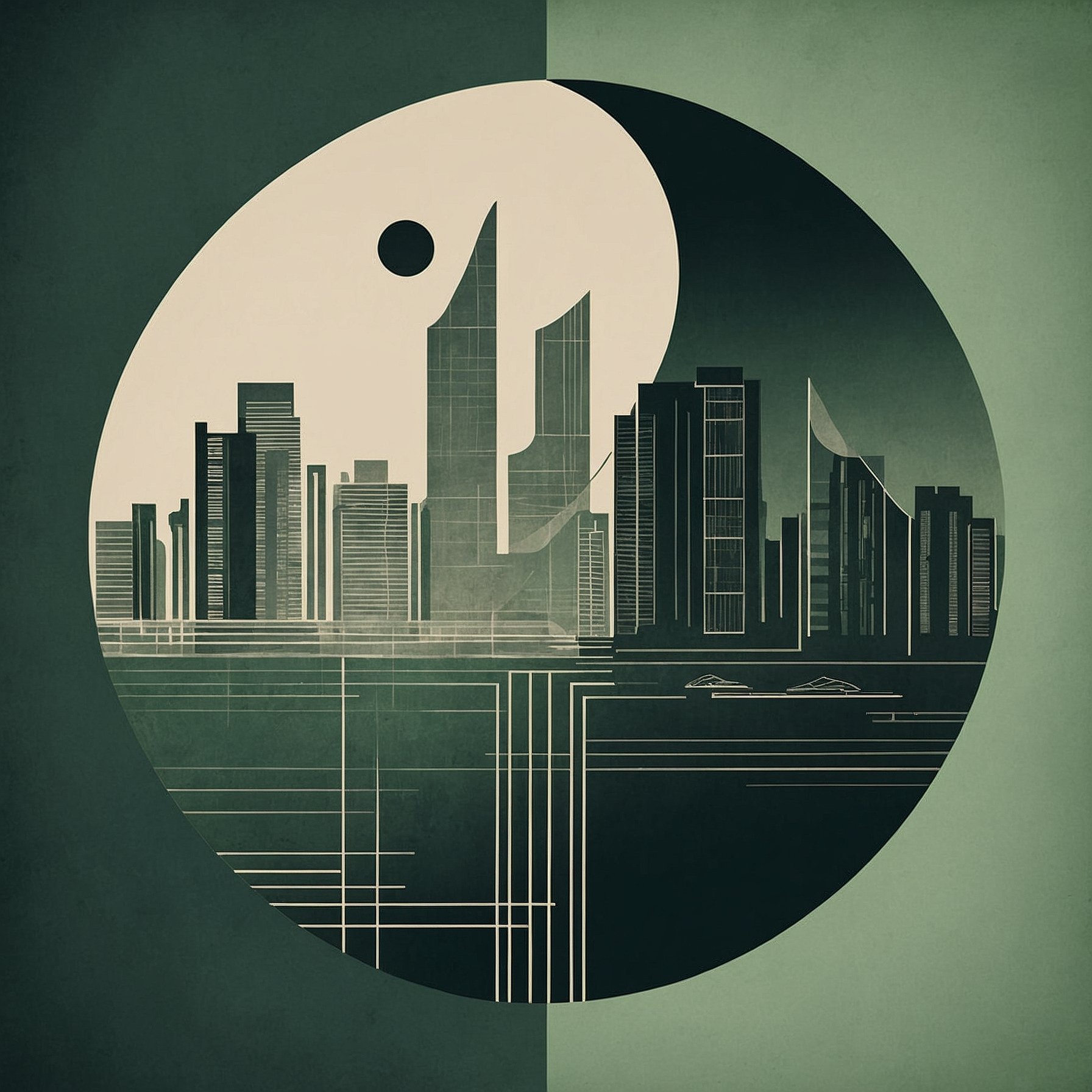 A yin-yang symbol with one side in structured, geometric shapes and the other in flowing, abstract lines, representing the balance between logical analysis and intuitive insight.