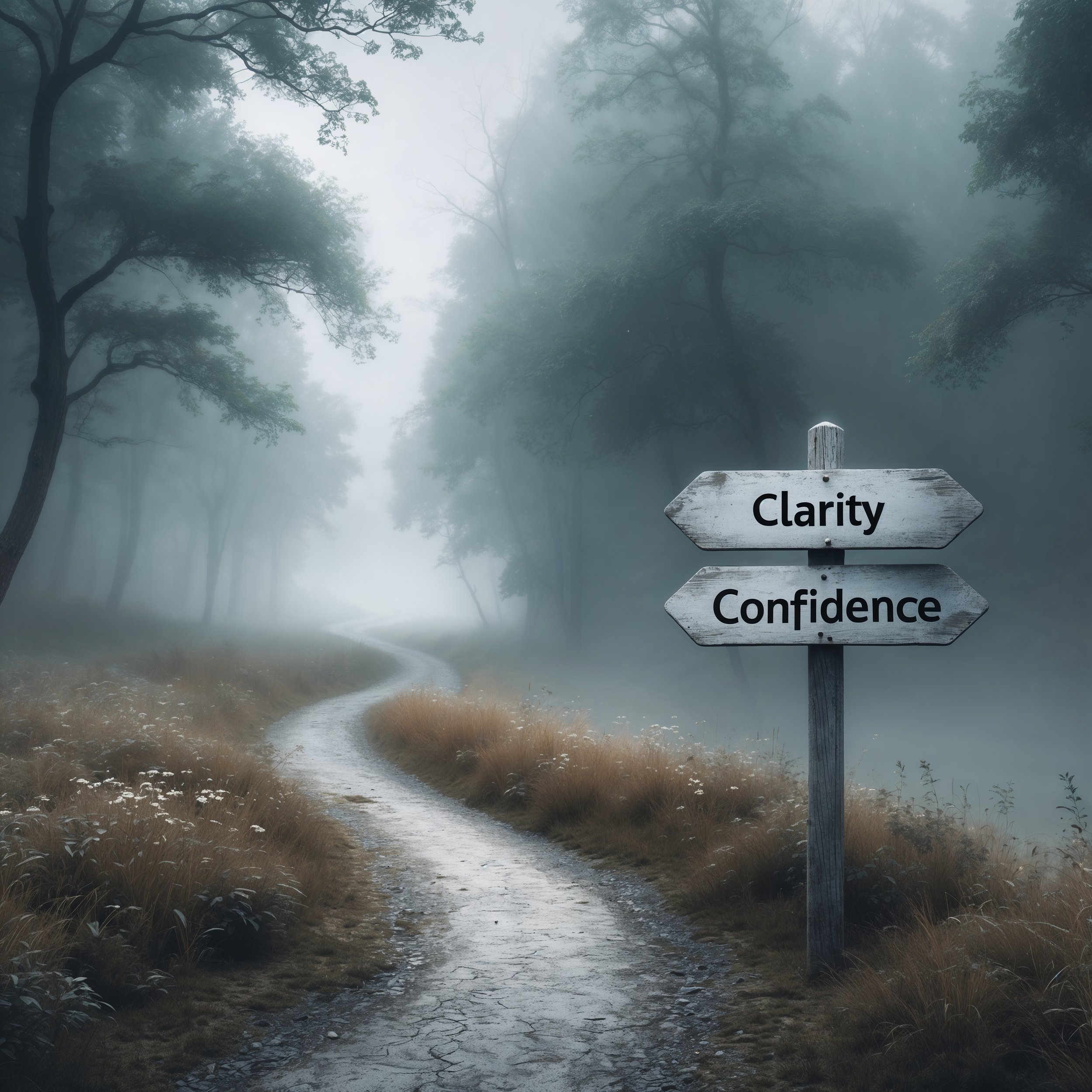 A winding path disappearing into a misty forest with a signpost pointing to clarity and confidence, symbolizing overcoming fear and uncertainty with Zenetheia.