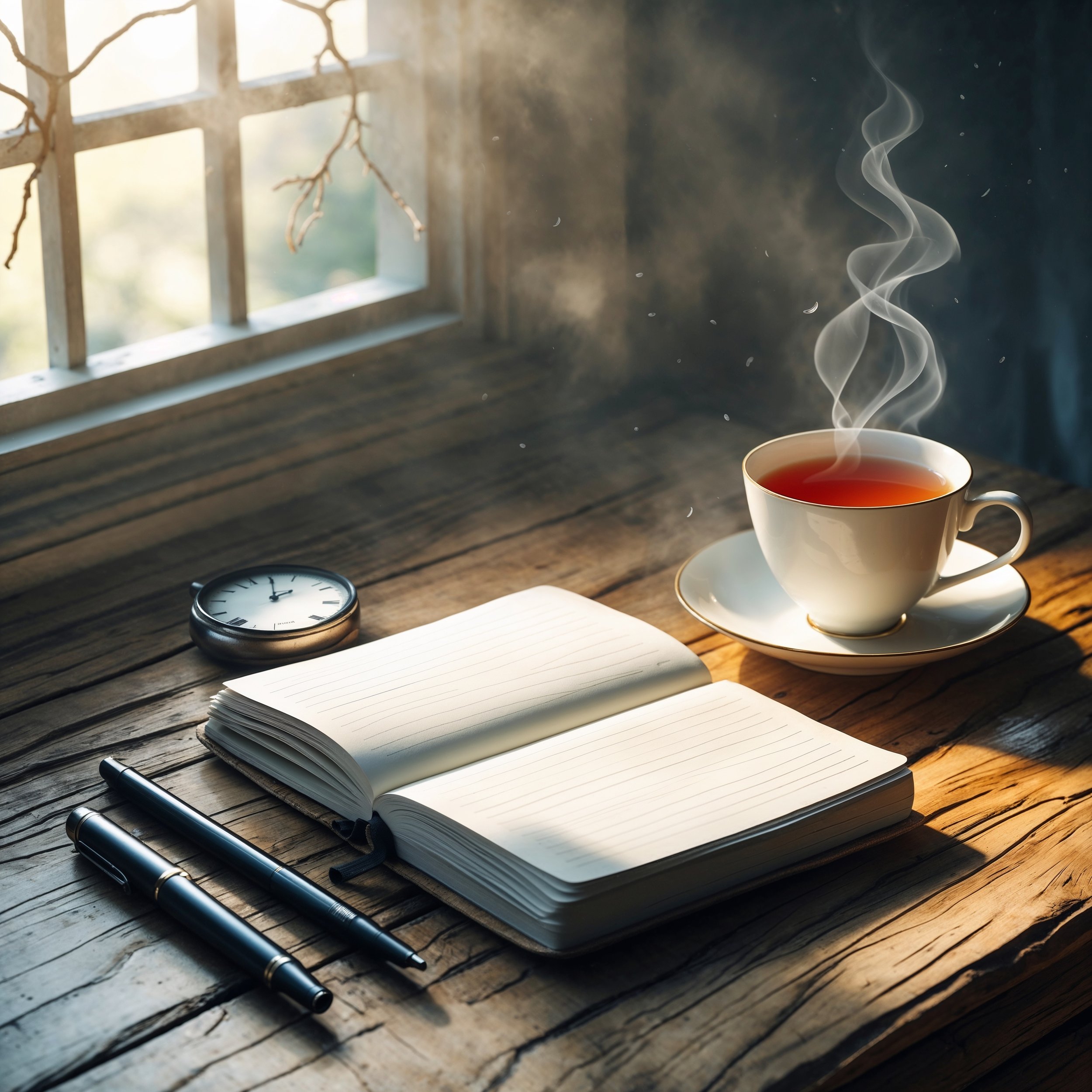 A serene scene featuring a journal, a pen, and a cup of tea, symbolizing the practice of releasing uncontrollable events and focusing on what’s actionable.