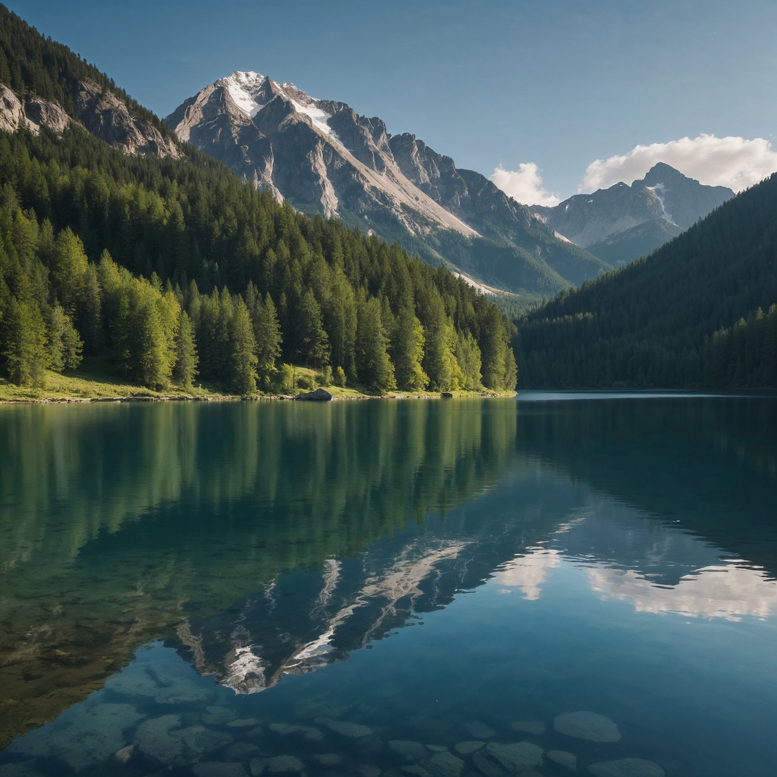 A calm mountain lake reflecting the sky with crystal clarity, representing the Staoicist pillar of Kronao—living in the present moment.