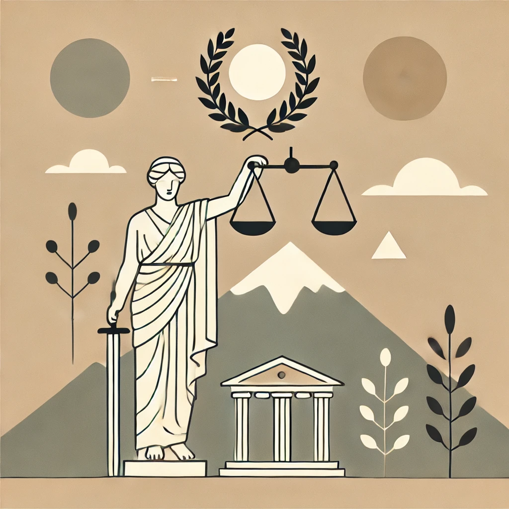 Stoic philosophy symbol featuring a balanced set of scales, laurel wreath, and mountain, representing justice, wisdom, and resilience.