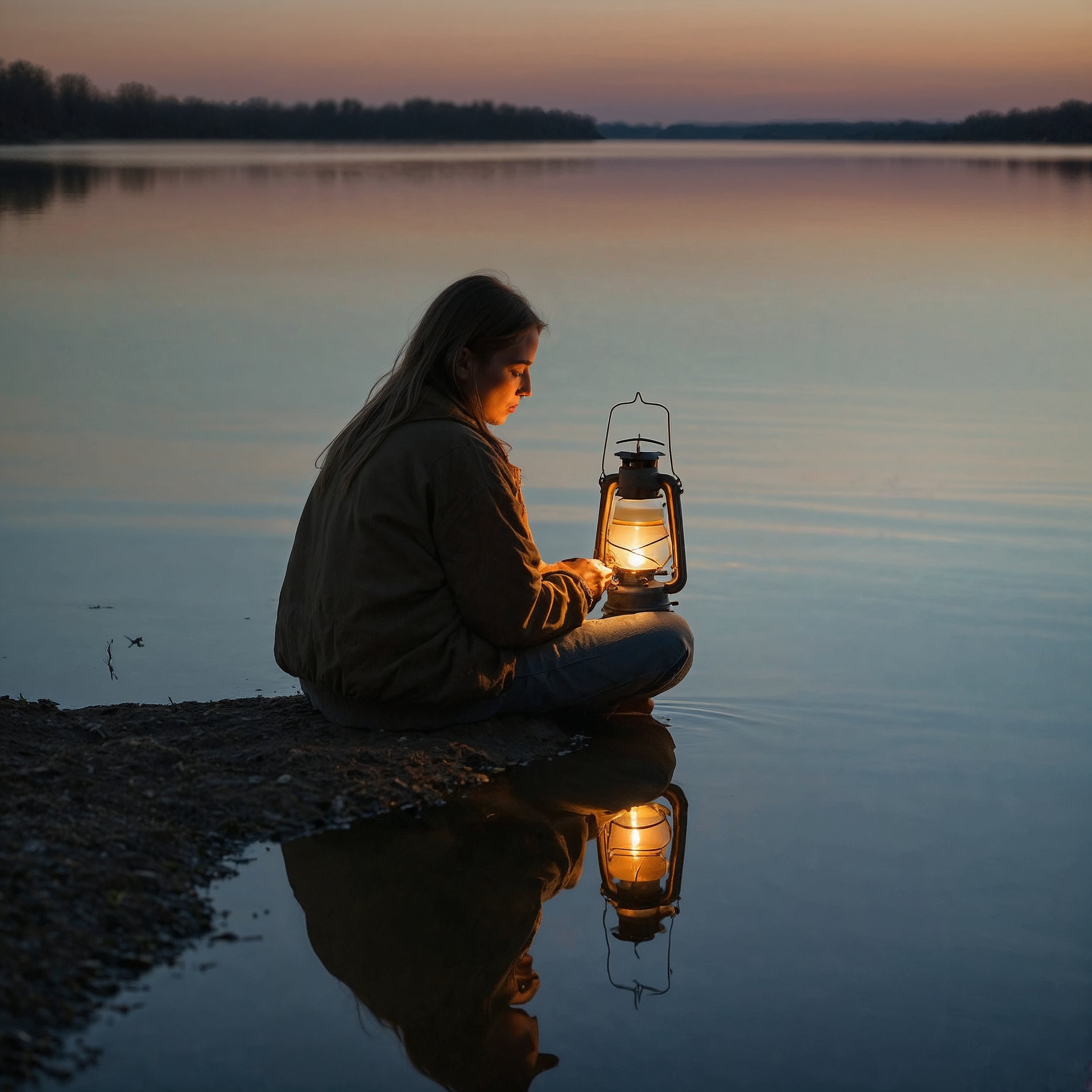 A contemplative figure by a still lake, holding a glowing lantern, representing self-reflection and the daily practice of integrity