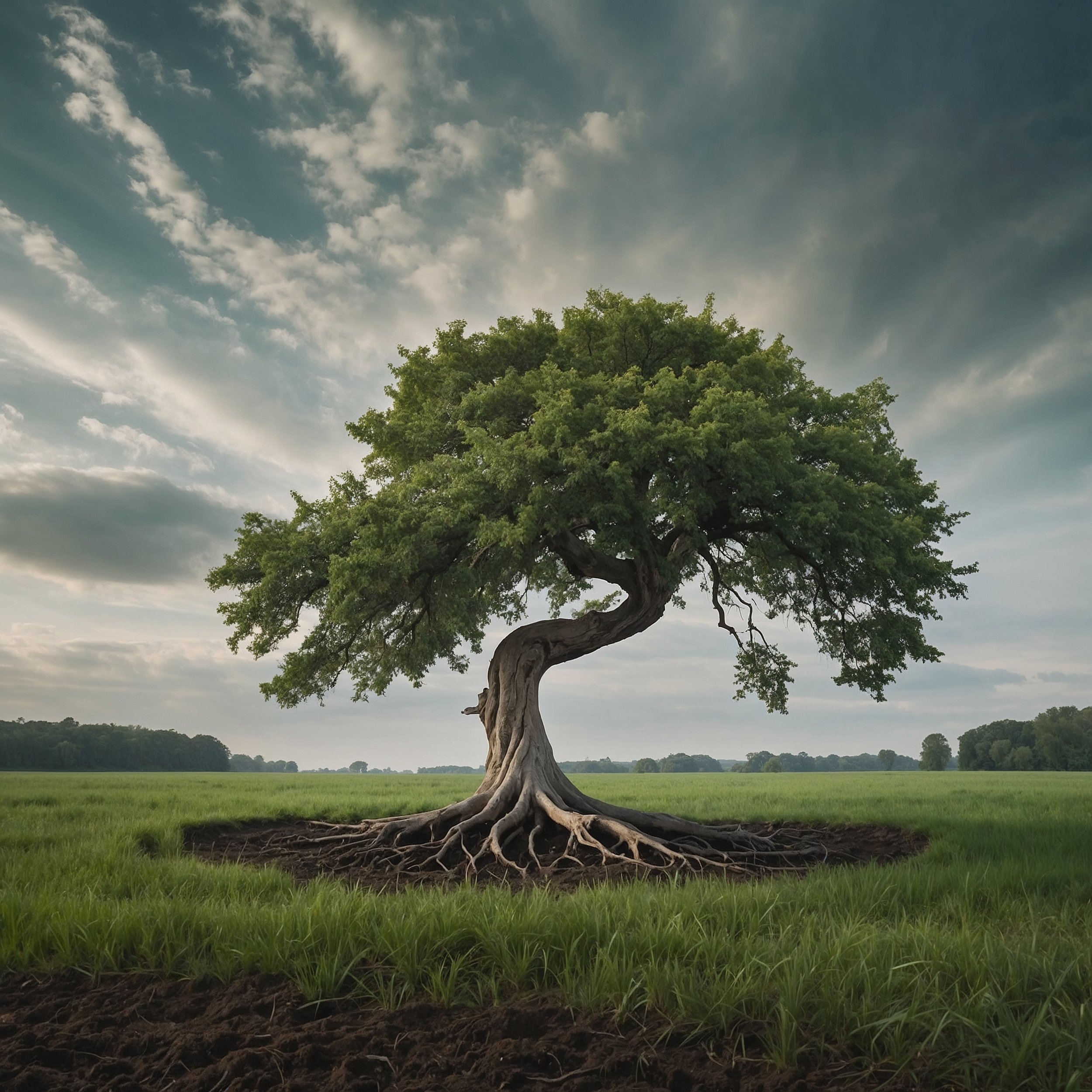 A bending tree in the wind, symbolizing Zenetheia’s blend of strength and adaptability, reflecting Staoic values.