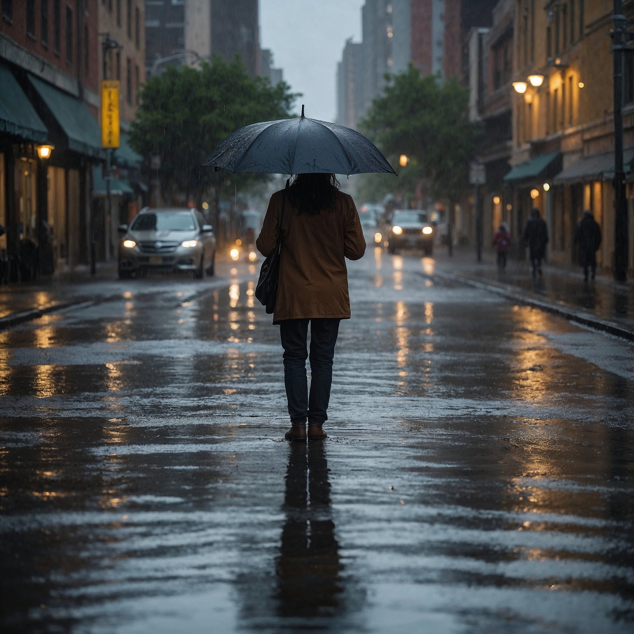 A person standing serenely in the rain, representing Zenetheia’s practice of acceptance and balance in daily life.