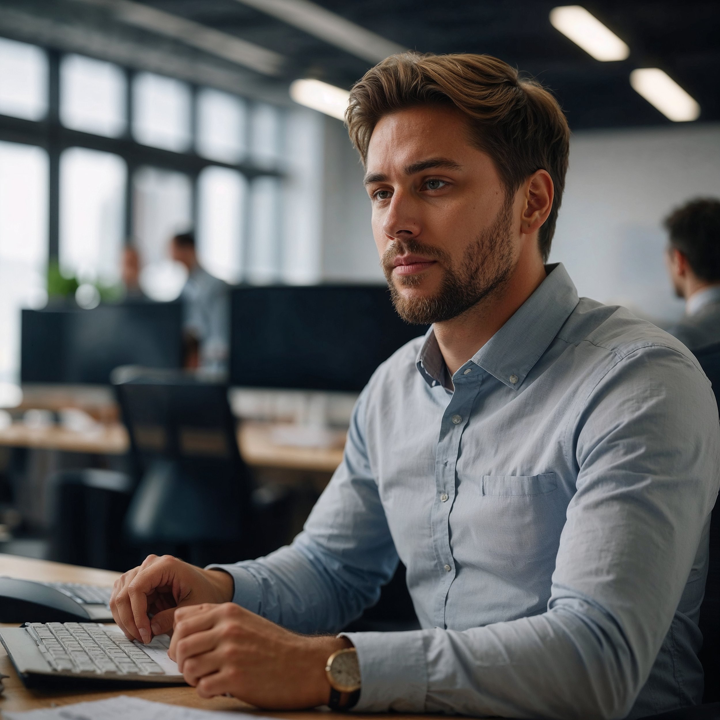 A calm individual working in a modern open-plan office, symbolizing intentional focus amidst distractions, reflecting Staoic mindfulness.