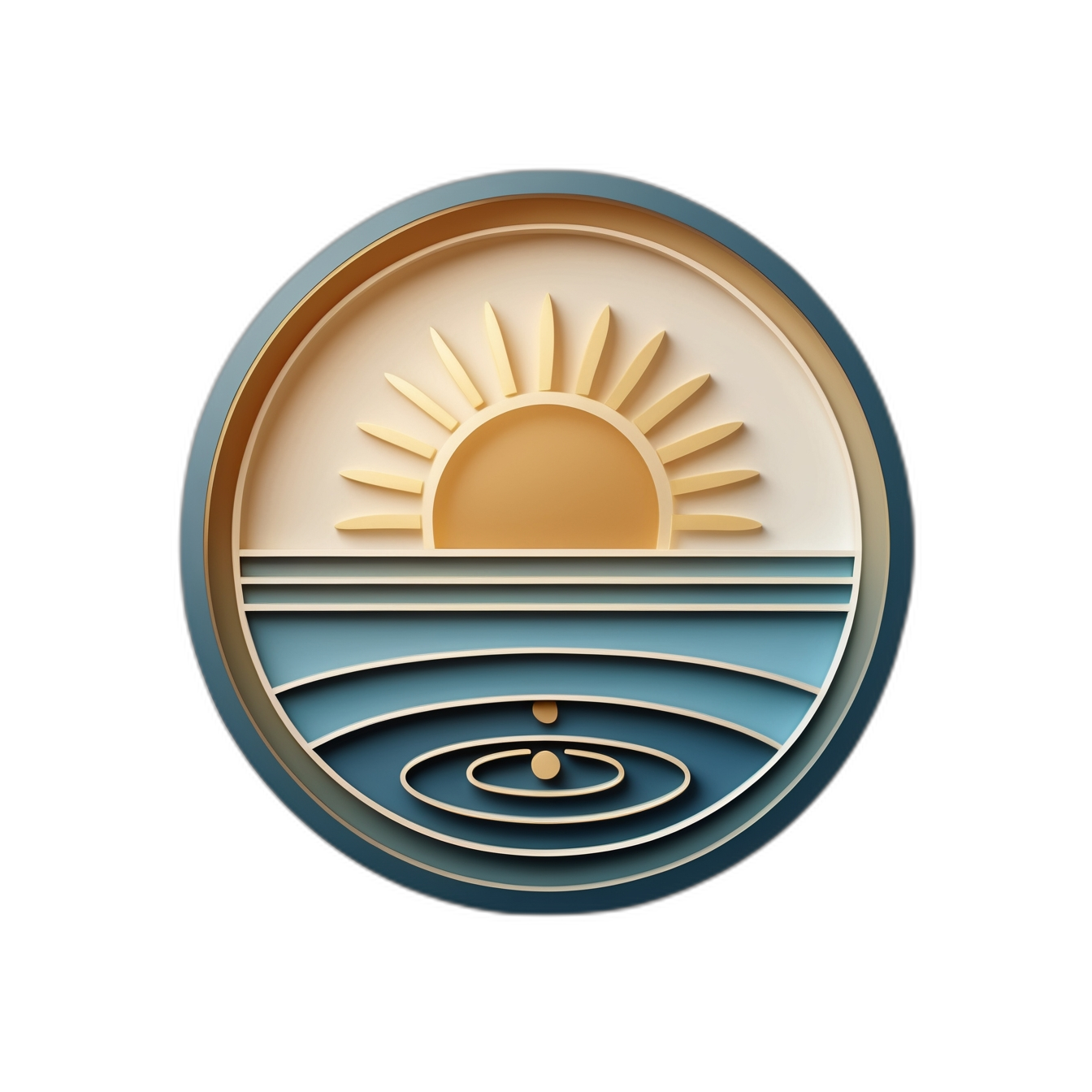 A minimalist icon of a rising sun over layered waves and ripples, symbolizing renewal, mindfulness, and clarity.
