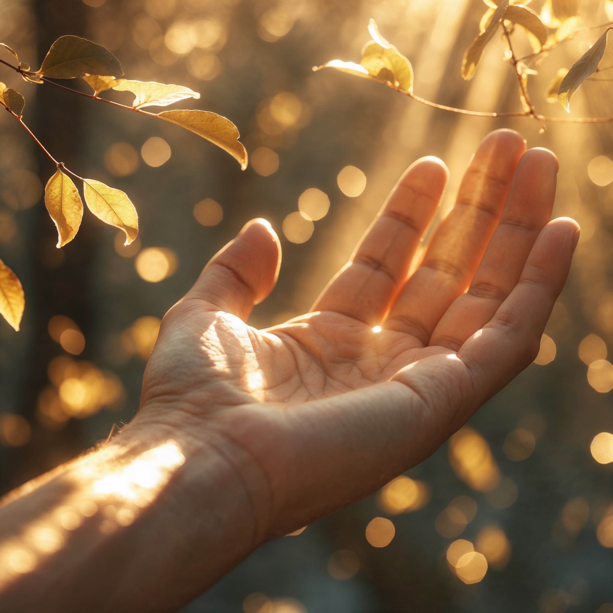 A hand reaching out into warm sunlight, illustrating gratitude and mindfulness in the present moment.