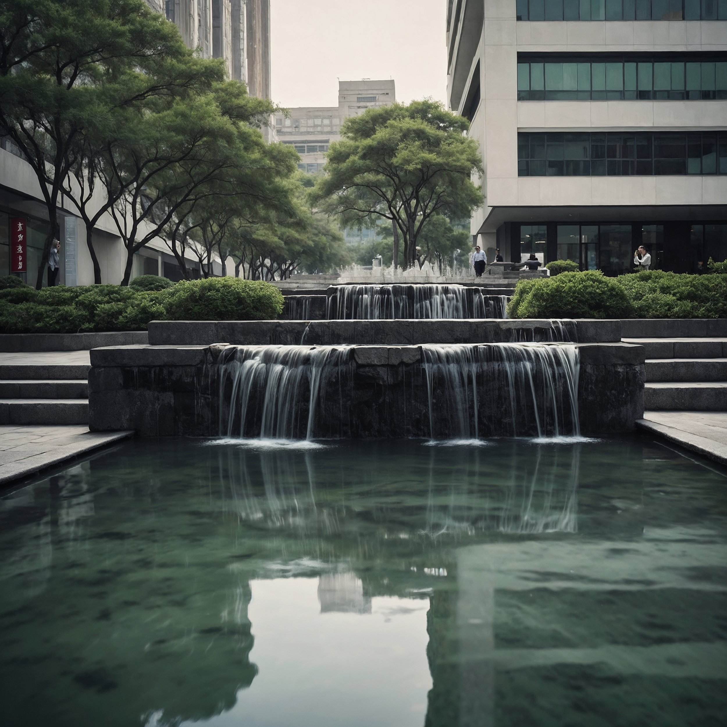 A flowing water feature in a city square, rendered in a traditional Chinese ink style, symbolizing effortless action and flow in a modern setting.