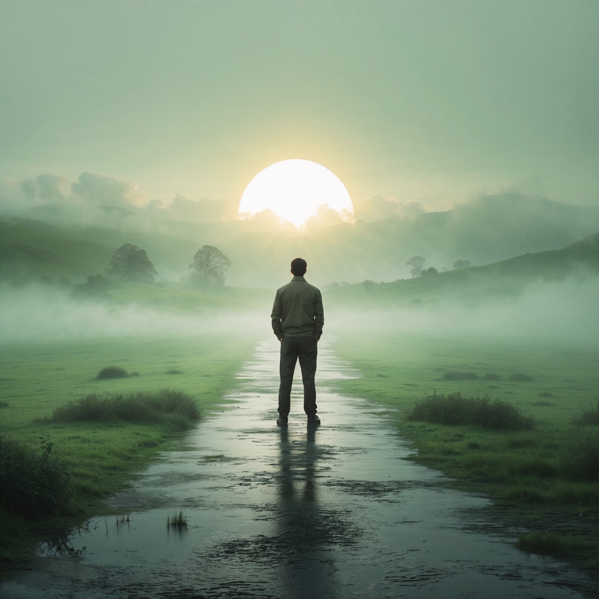 A person standing at a crossroads in a misty landscape, pausing for reflection before choosing a path, symbolizing intentional decision-making and integrity.
