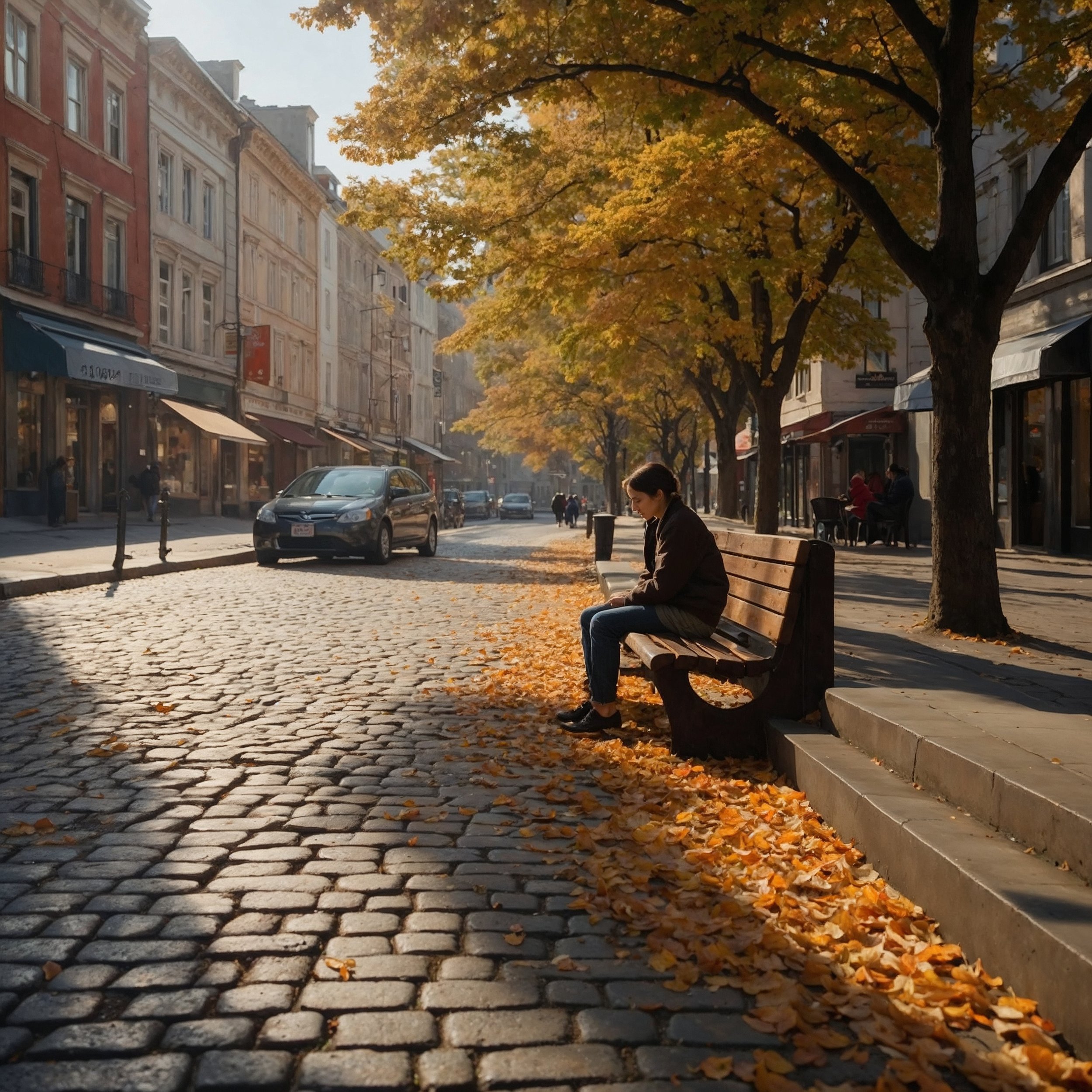 A solo traveler pausing on a cobblestone street surrounded by cafés and trees, enjoying the sunlight and bakery aromas, symbolizing mindfulness and discovery during travel.