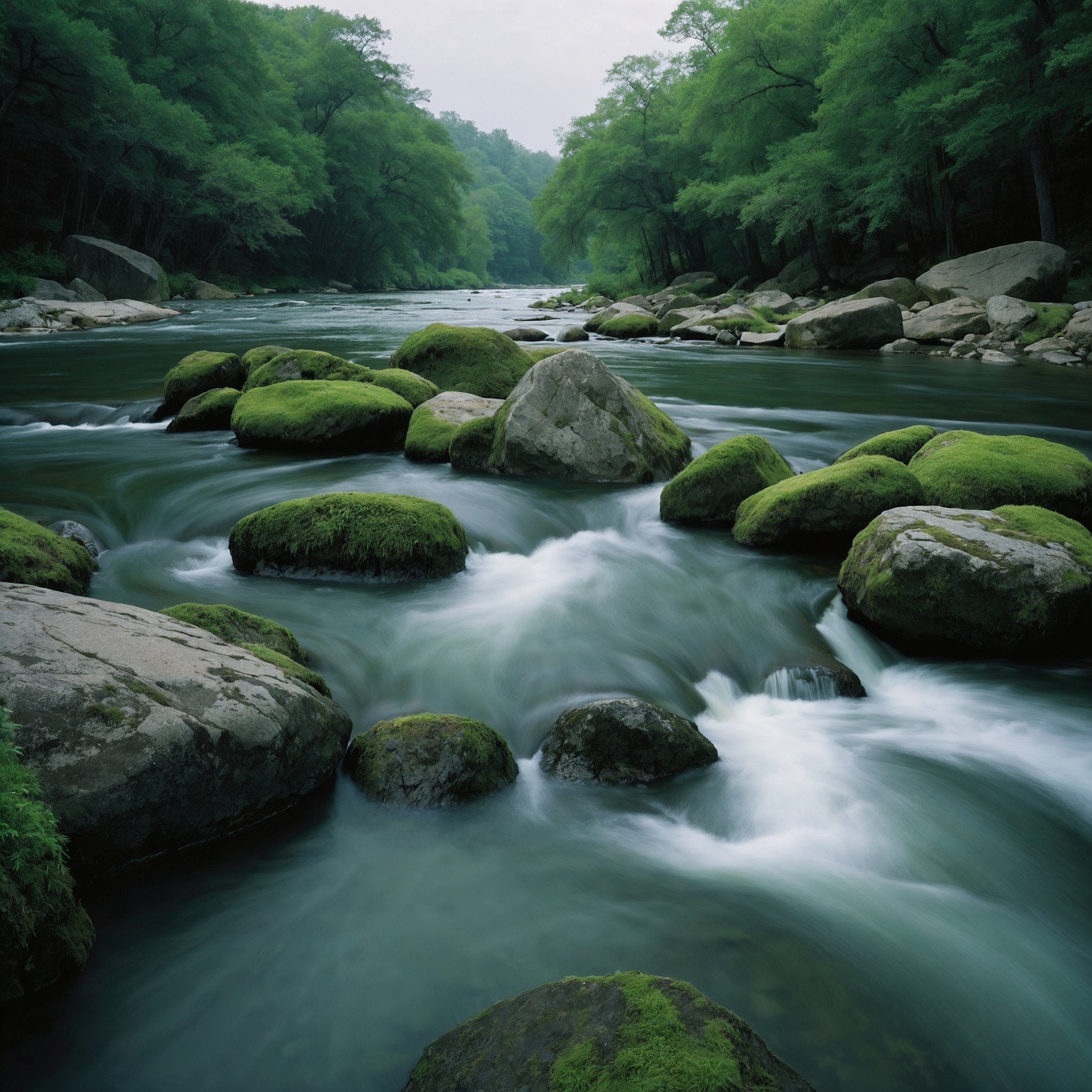 A gentle river flowing around rocks, symbolizing effortless action, or Wu Wei, as embraced in Staoicism.