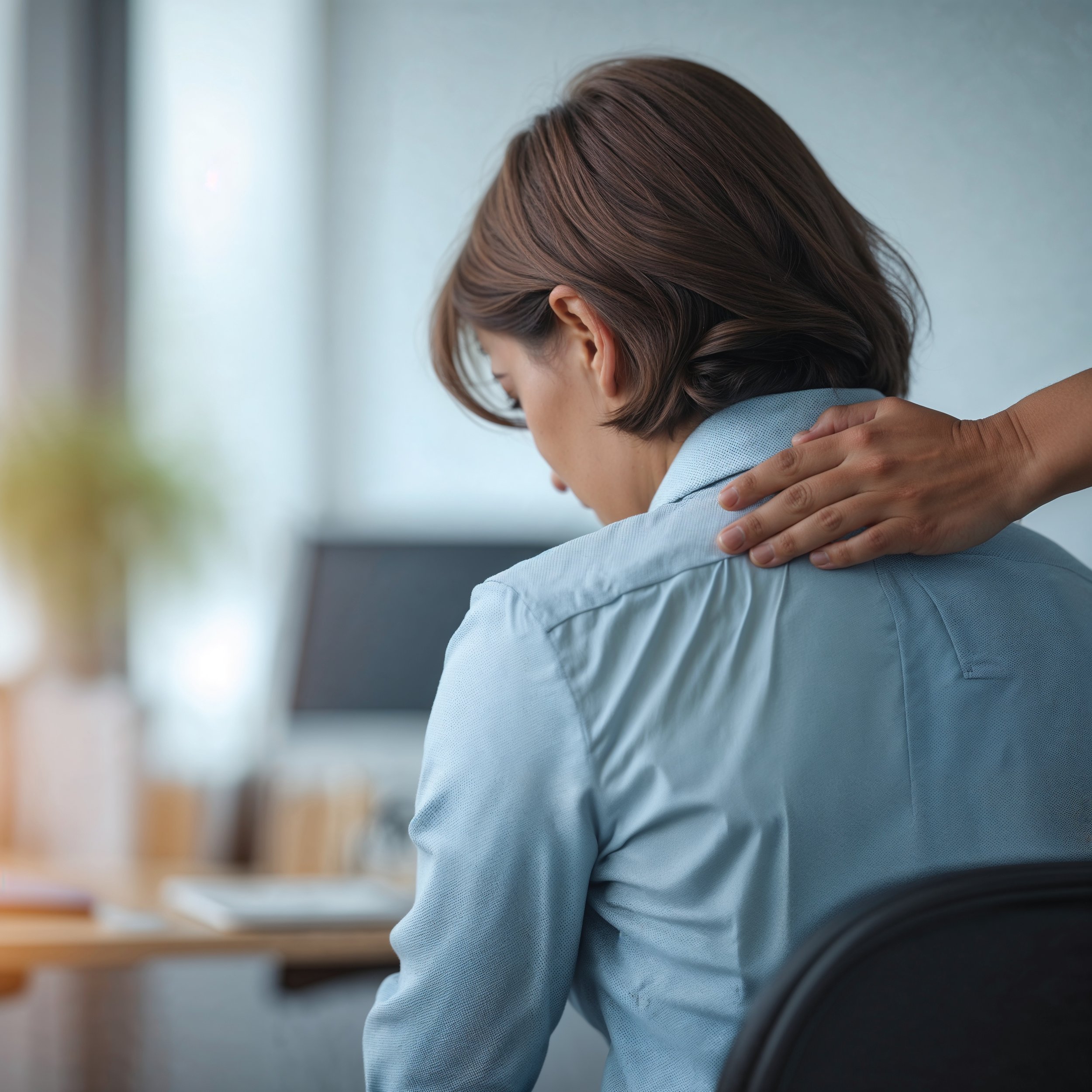 A back view of an exhausted individual with a supportive hand on their shoulder, symbolizing empathy, encouragement, and teamwork.
