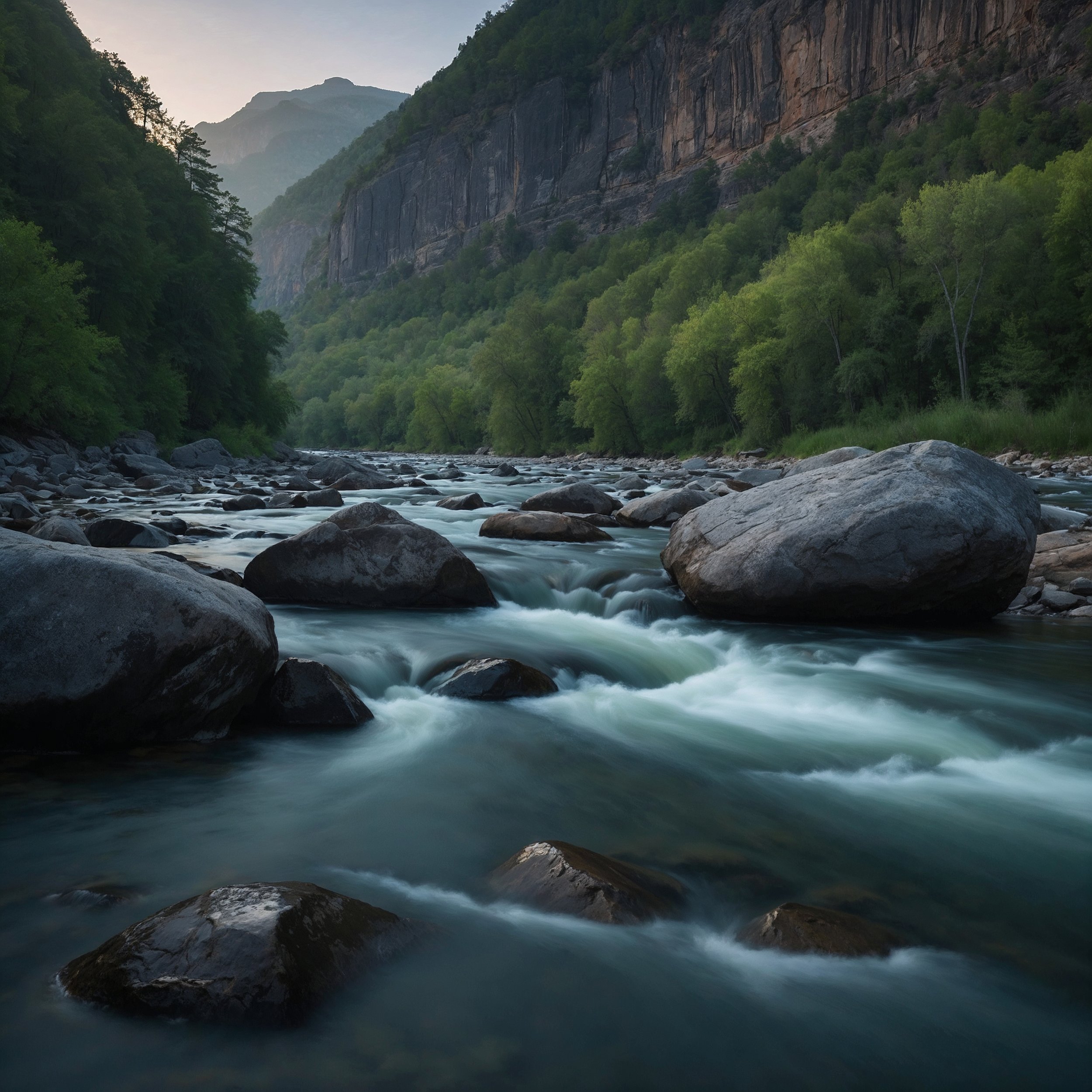 A calm river carving through stone, symbolizing Wuthea’s effortless action and harmony of purpose and flow.