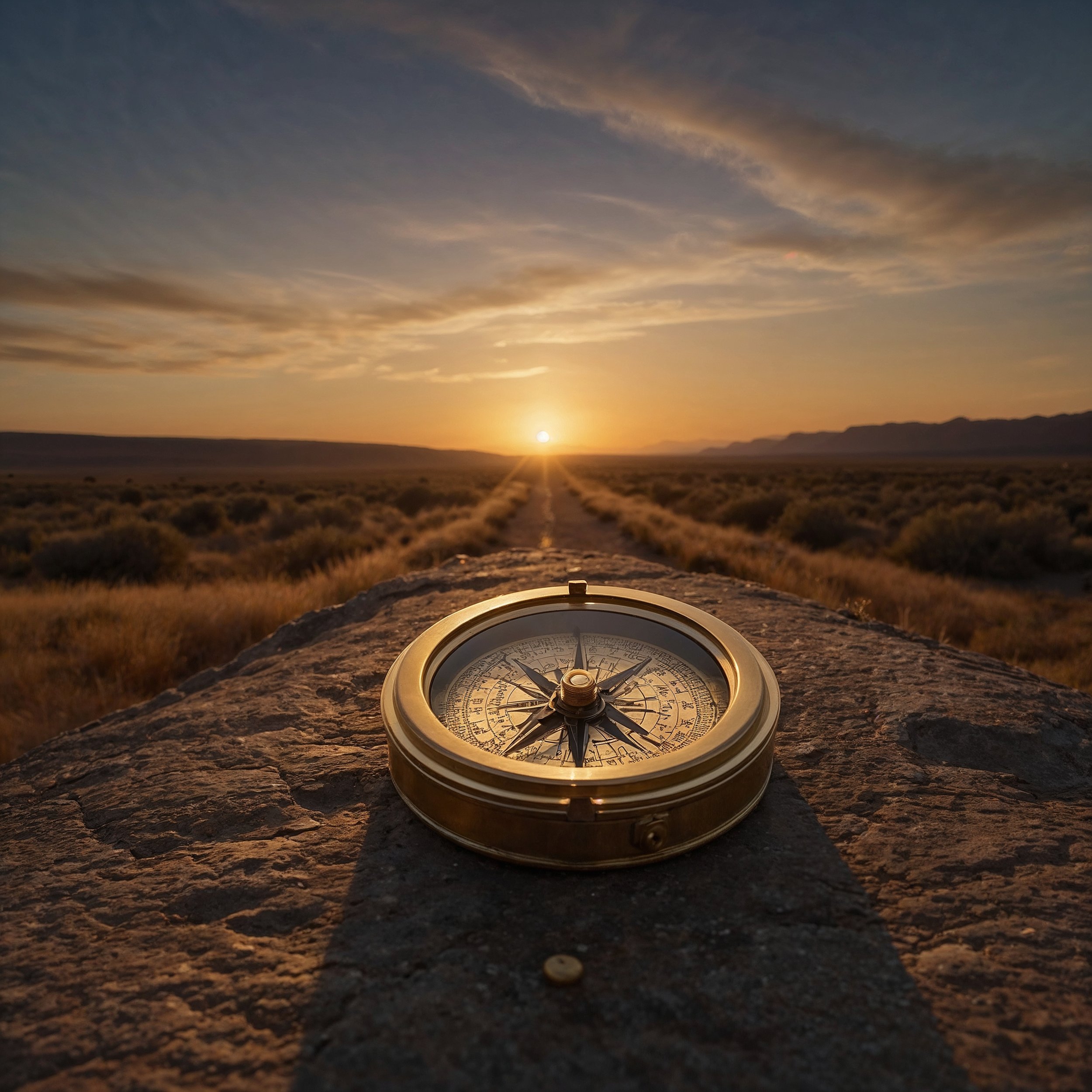 A person holding a brass compass at a crossroads, symbolizing ethical self-reflection and alignment with virtues.