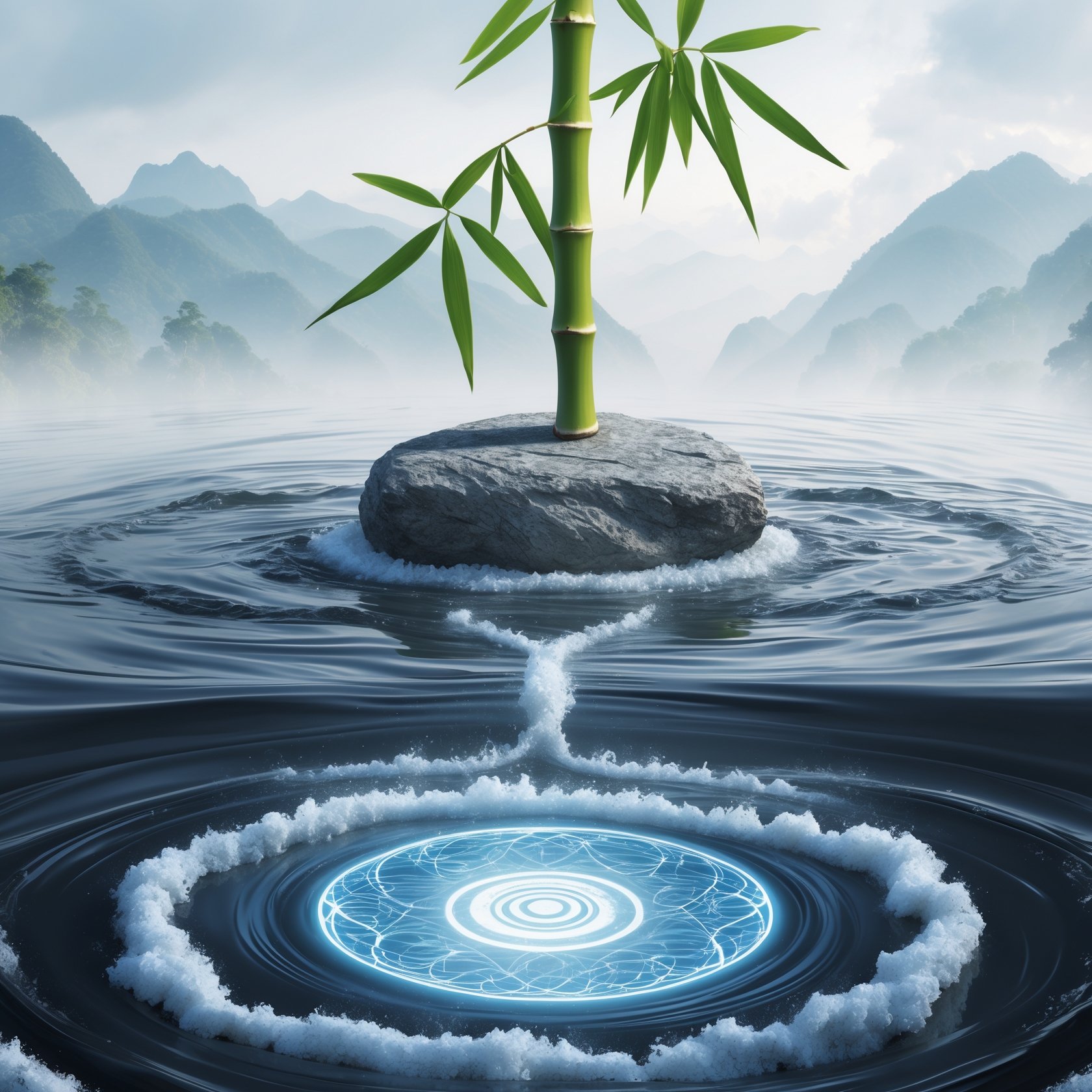 A serene river flowing around a stone, with a resilient bamboo stalk growing gracefully above it. The glowing river current symbolizes effortless action and harmony in Wuthea, the Staoicist way of aligned effort.