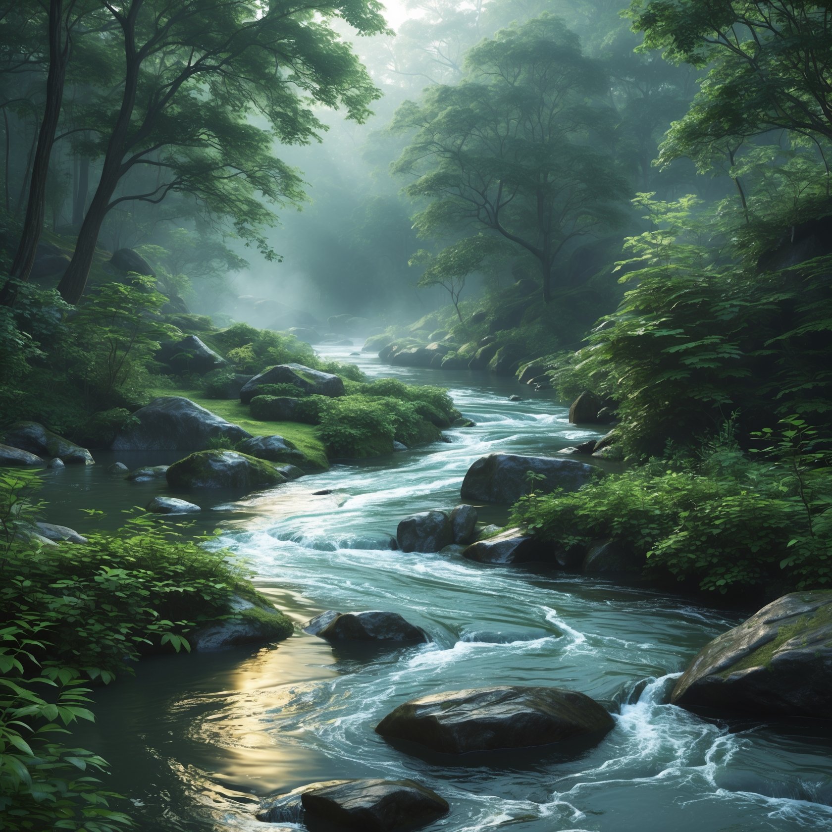 A calm river flowing through a green forest, gracefully adapting to rocks and obstacles, symbolizing Taoist alignment with life’s natural rhythm.