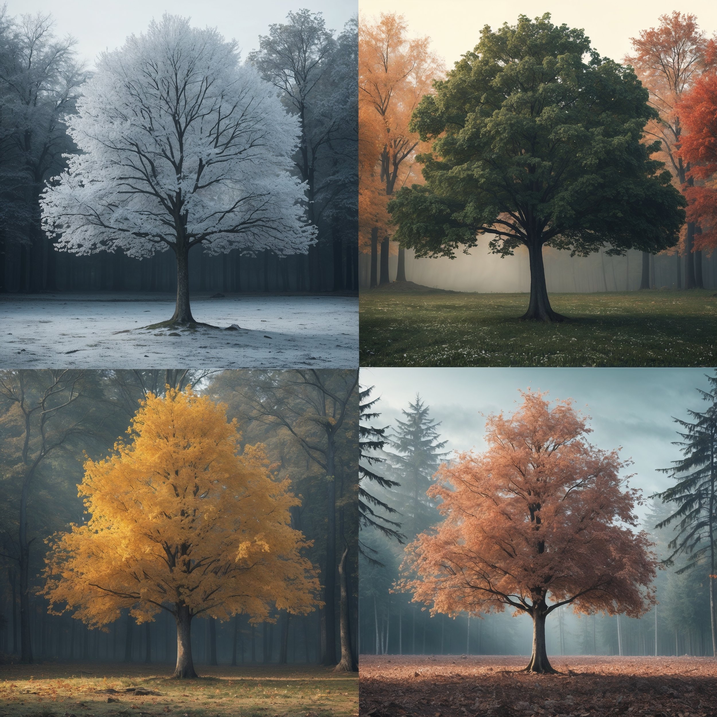 A tree shifting through all four seasons, symbolizing Daesys’ wisdom of living in harmony with nature’s cycles and the rhythm of life.
