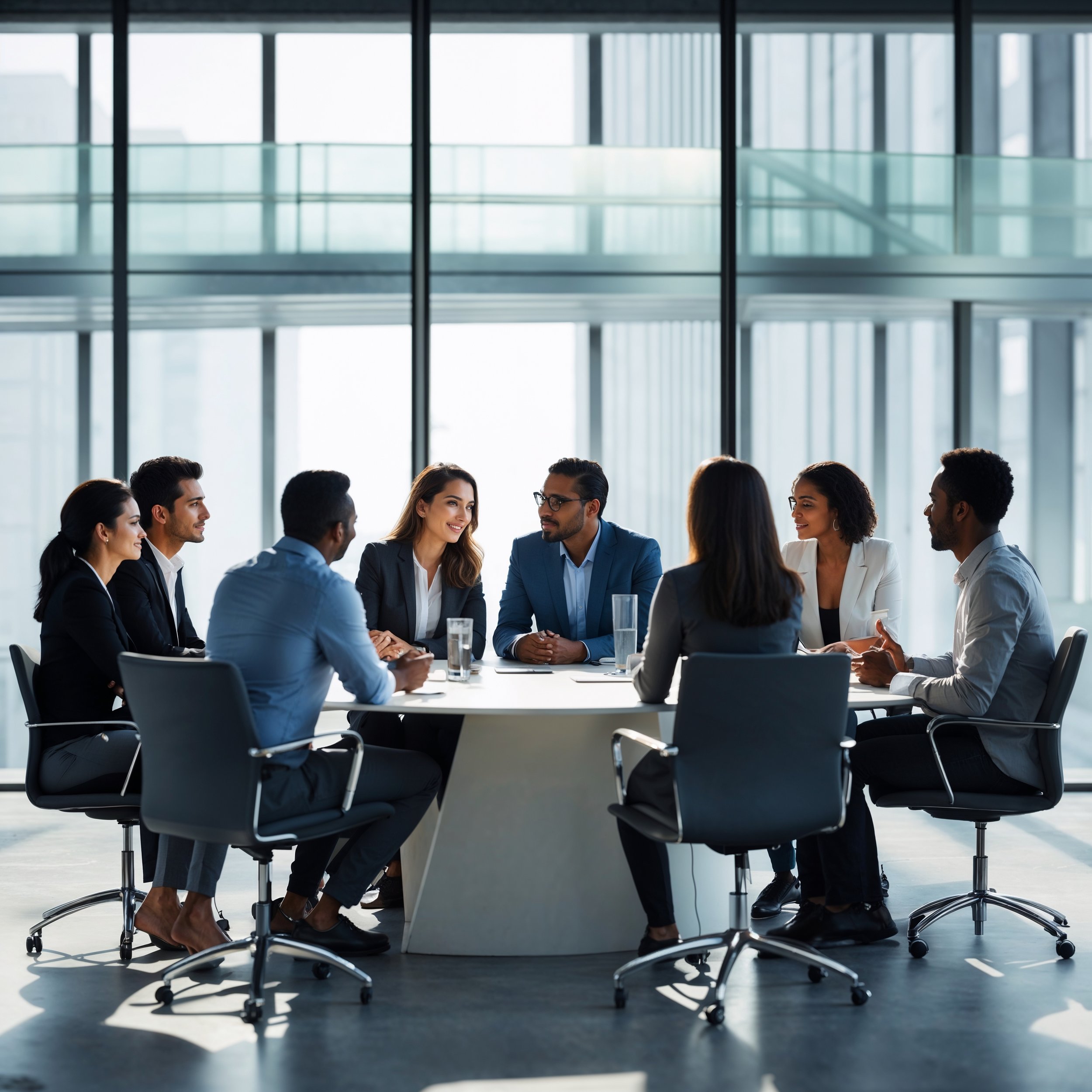 A diverse team engaged in balanced, constructive discussion, symbolizing fairness and collaboration in professional relationships, embodying Liaphora’s wisdom.