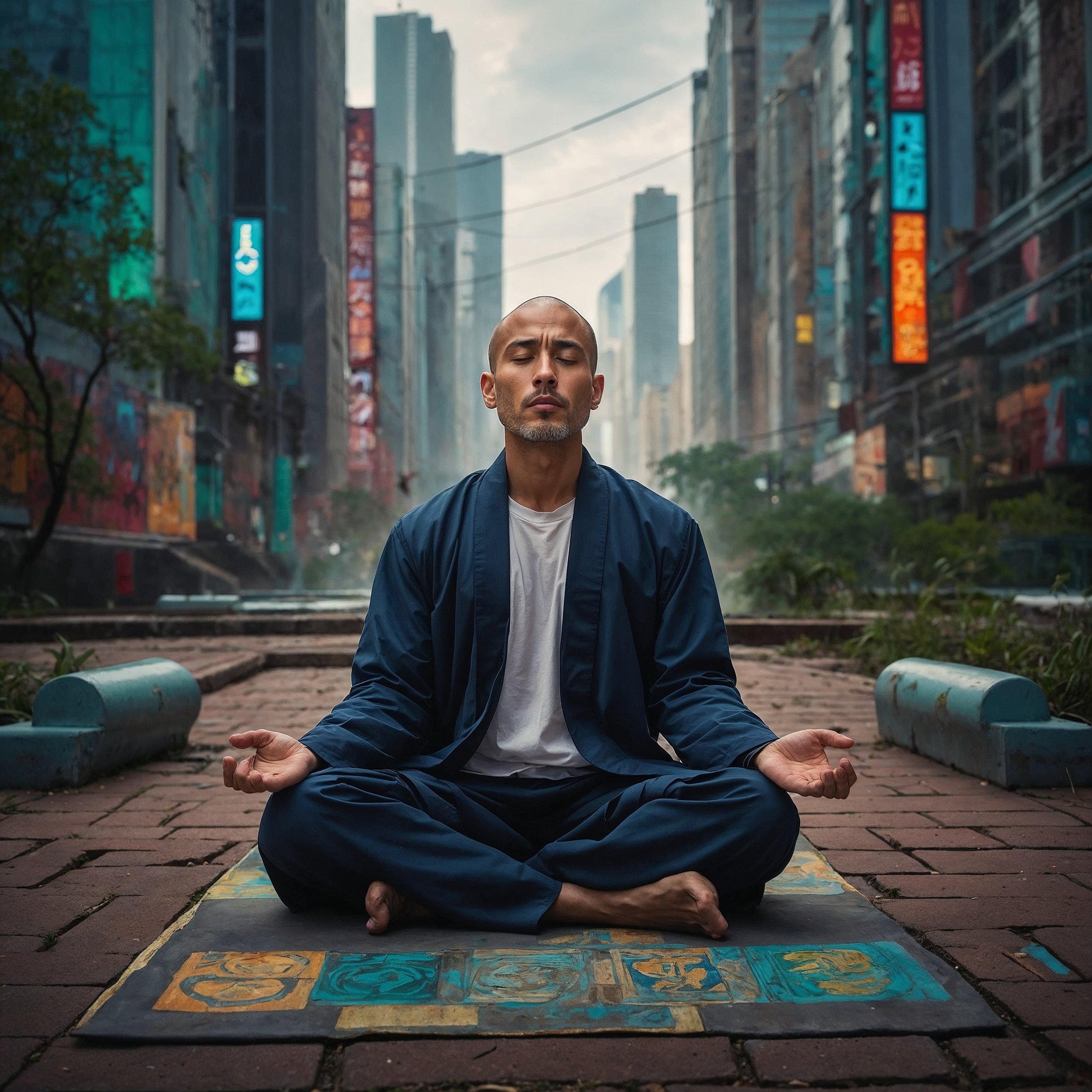 A person practicing mindfulness in an urban park, surrounded by symbols for acceptance, resilience, and openness, rendered in a traditional brushstroke style