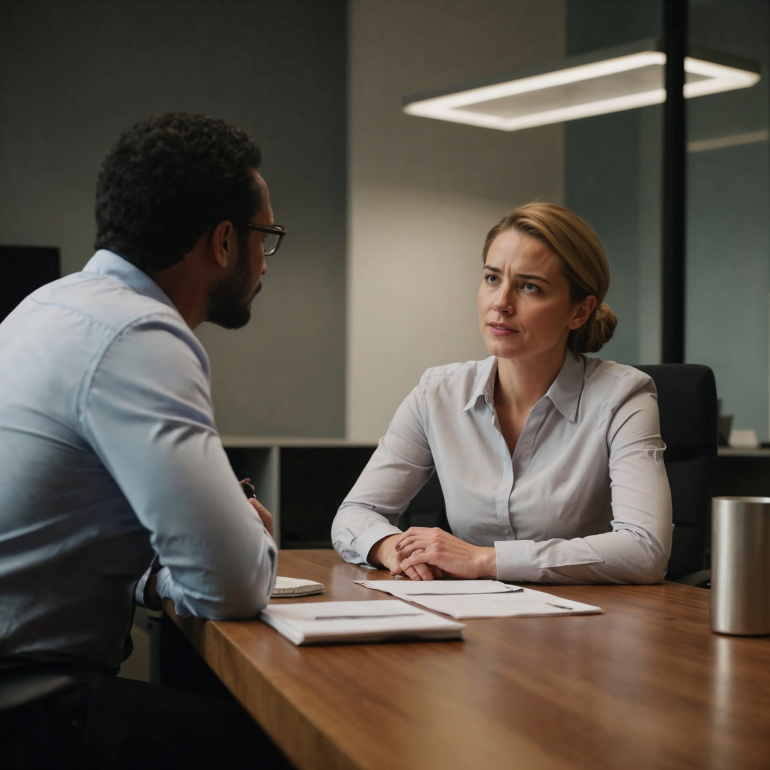 A manager delivering difficult news with empathy, maintaining eye contact and a calm, reassuring posture in a professional setting. The scene emphasizes thoughtful and compassionate communication.