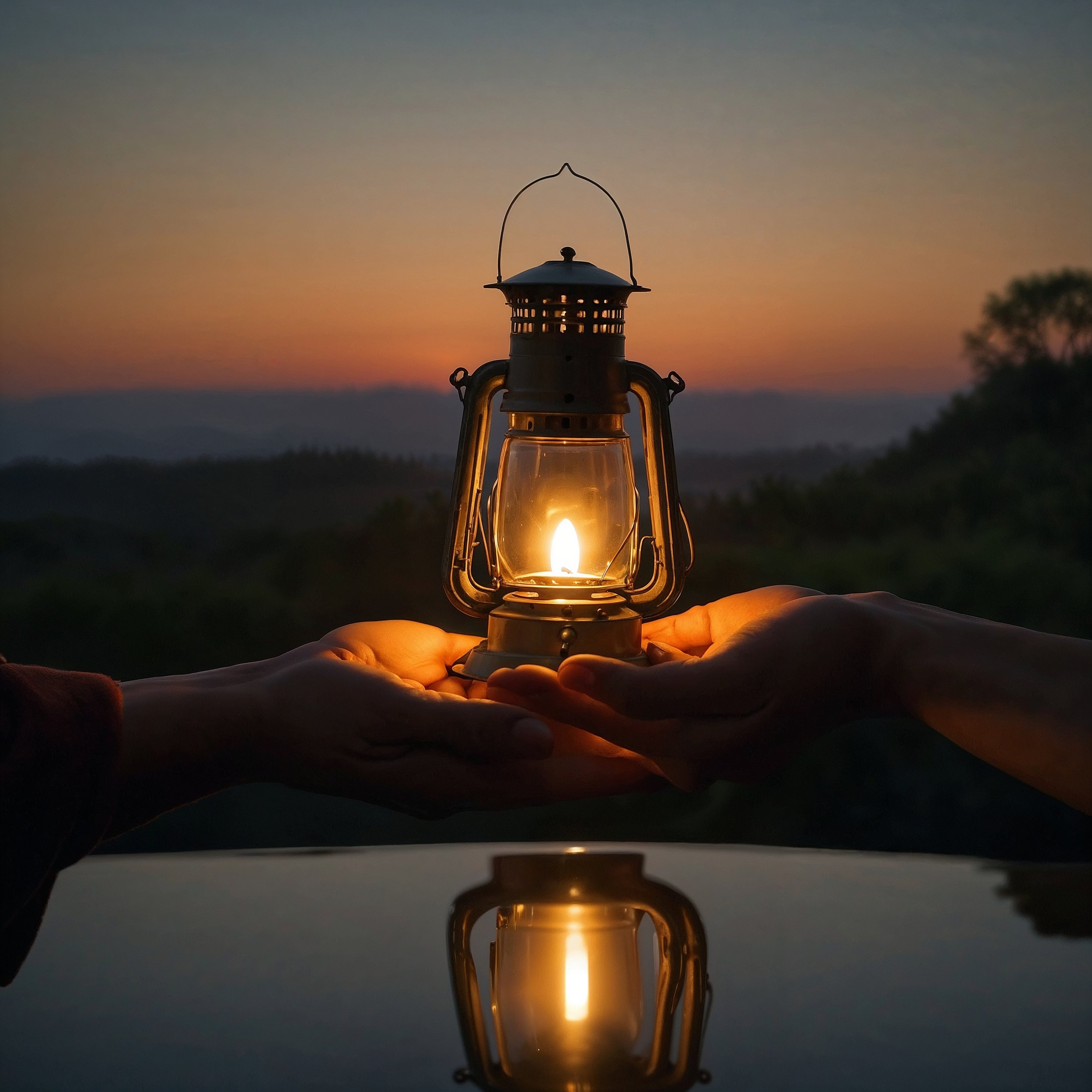 Two hands exchanging a glowing lantern, symbolizing the balanced practice of giving and receiving in relationships, embodying the Staoic wisdom of Liaphora.