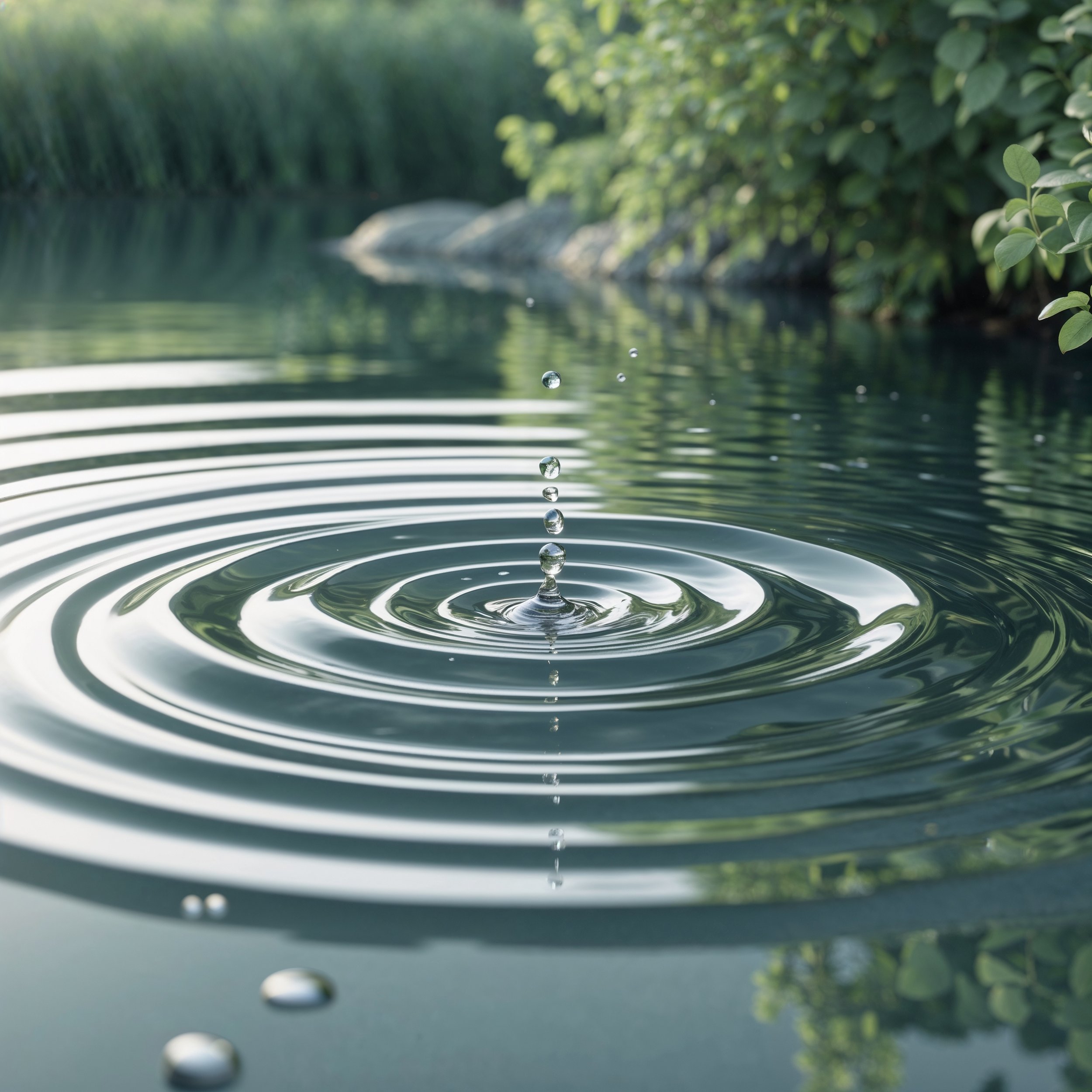 A calm ripple expanding outward in a still pond, symbolizing the calming effect of active listening and understanding during irate customer interactions with Zenetheia.