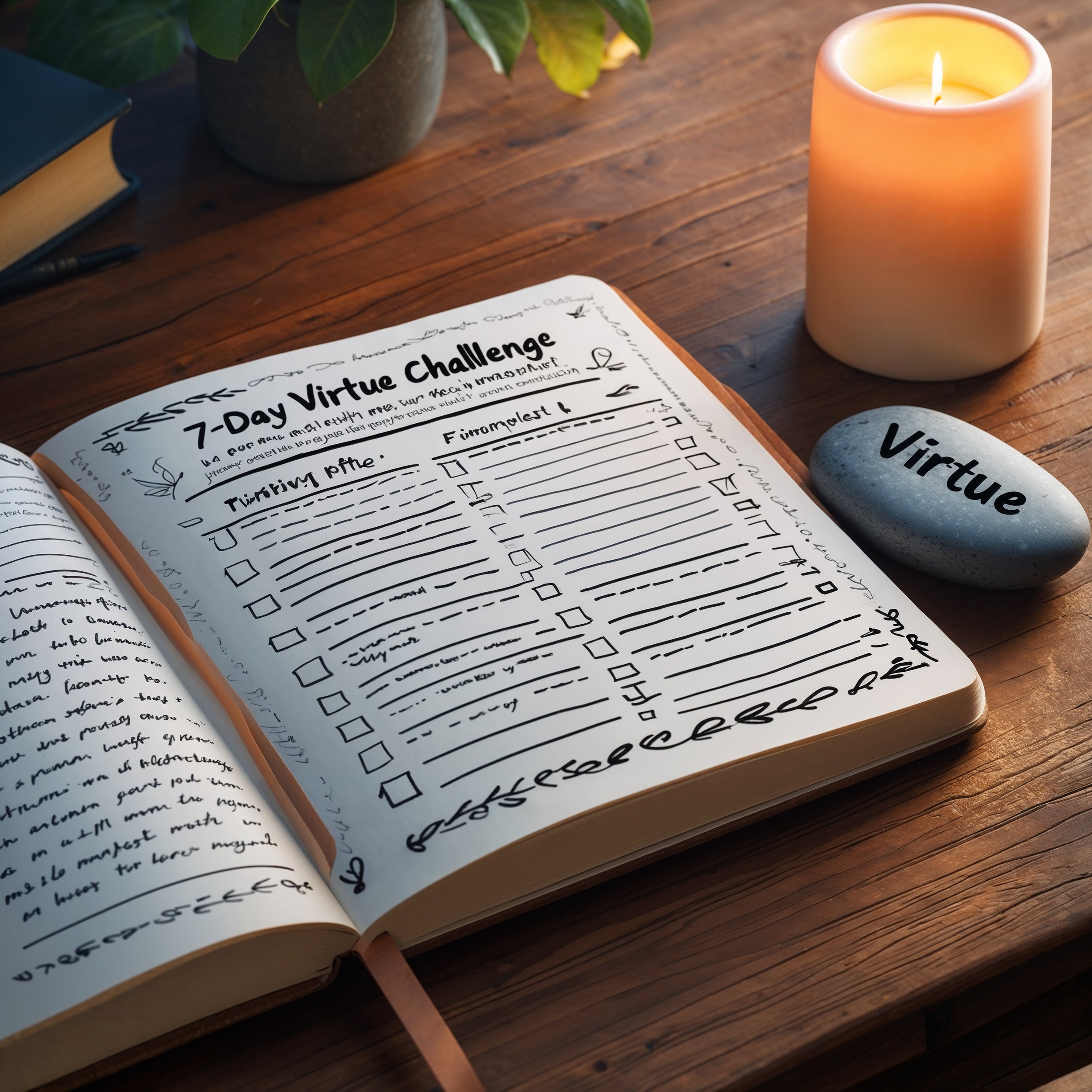 A journal open on a wooden desk with a '7-Day Virtue Challenge' checklist, accompanied by a polished stone engraved with 'Virtue,' representing intentional self-reflection and ethical awareness.