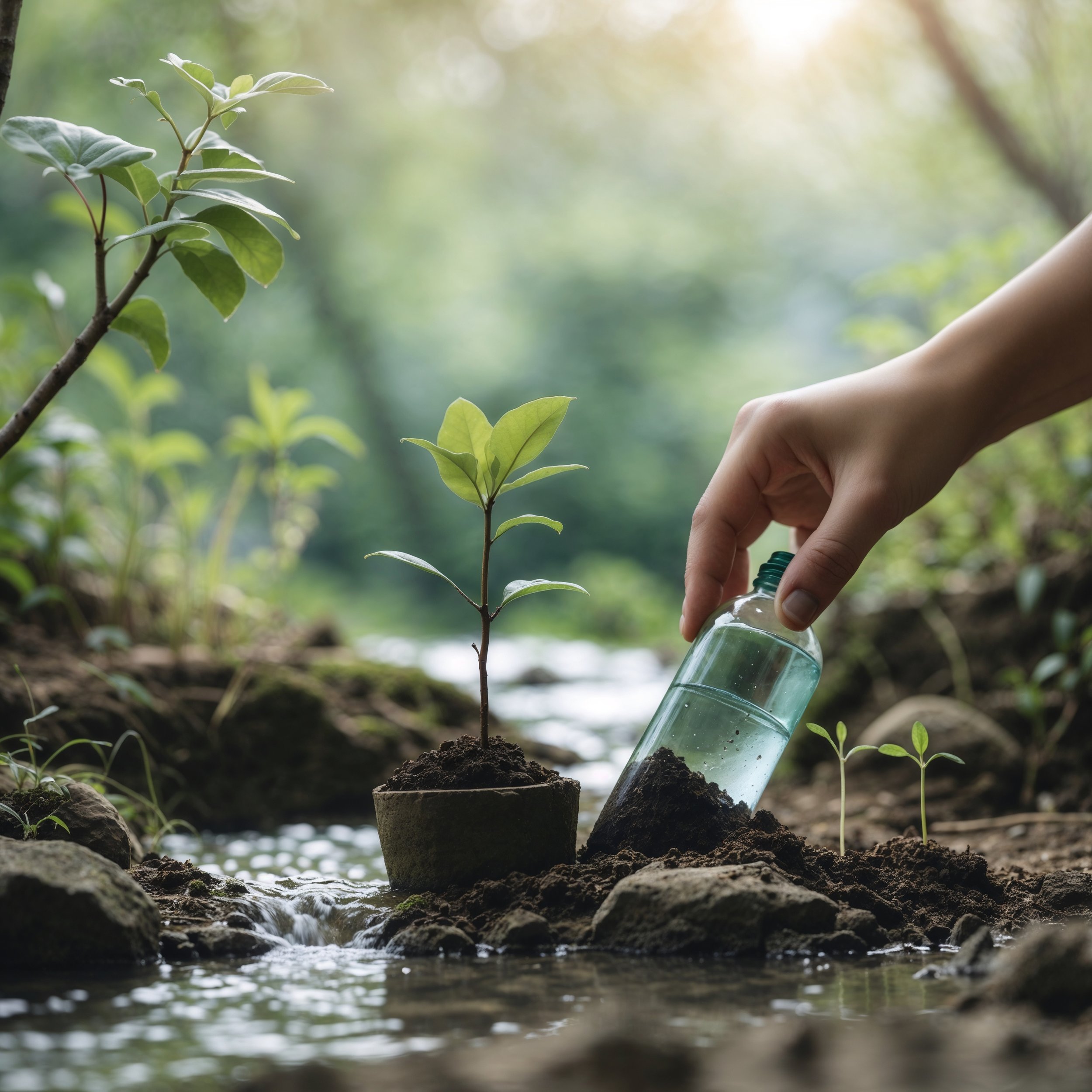 A serene visual symbolizing mindful eco-friendly actions, reflecting the Staoic principle of harmony with nature through daily sustainable choices.